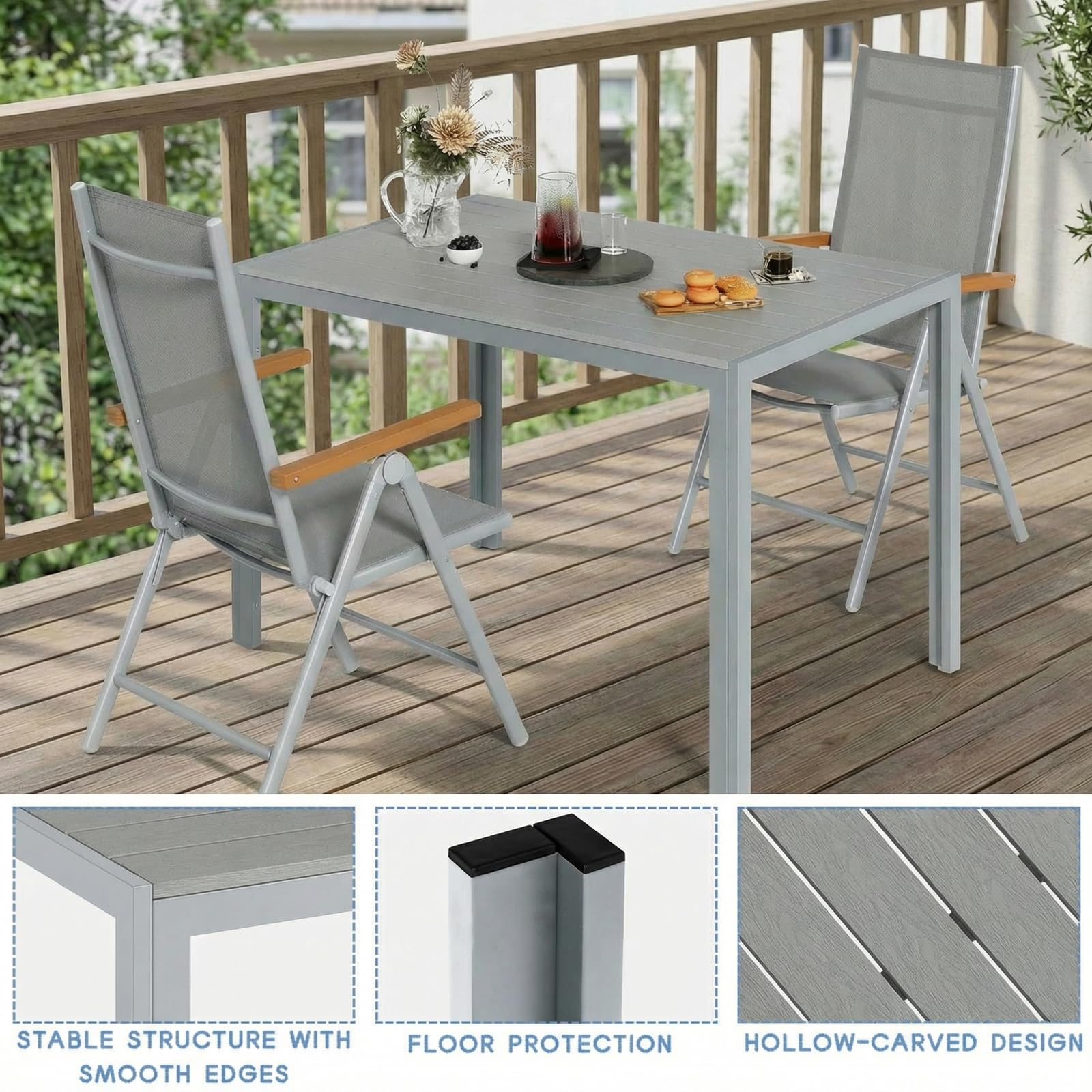 LIFERUN Juego de Muebles de Jardín 3 Piezas Aluminio, Mesa WPC 110x70 cm + 2 Sillas Plegables con Respaldo Alto, Muebles de Exterior Resistentes a la Intemperie para Terraza y Balcón,Gris Completo