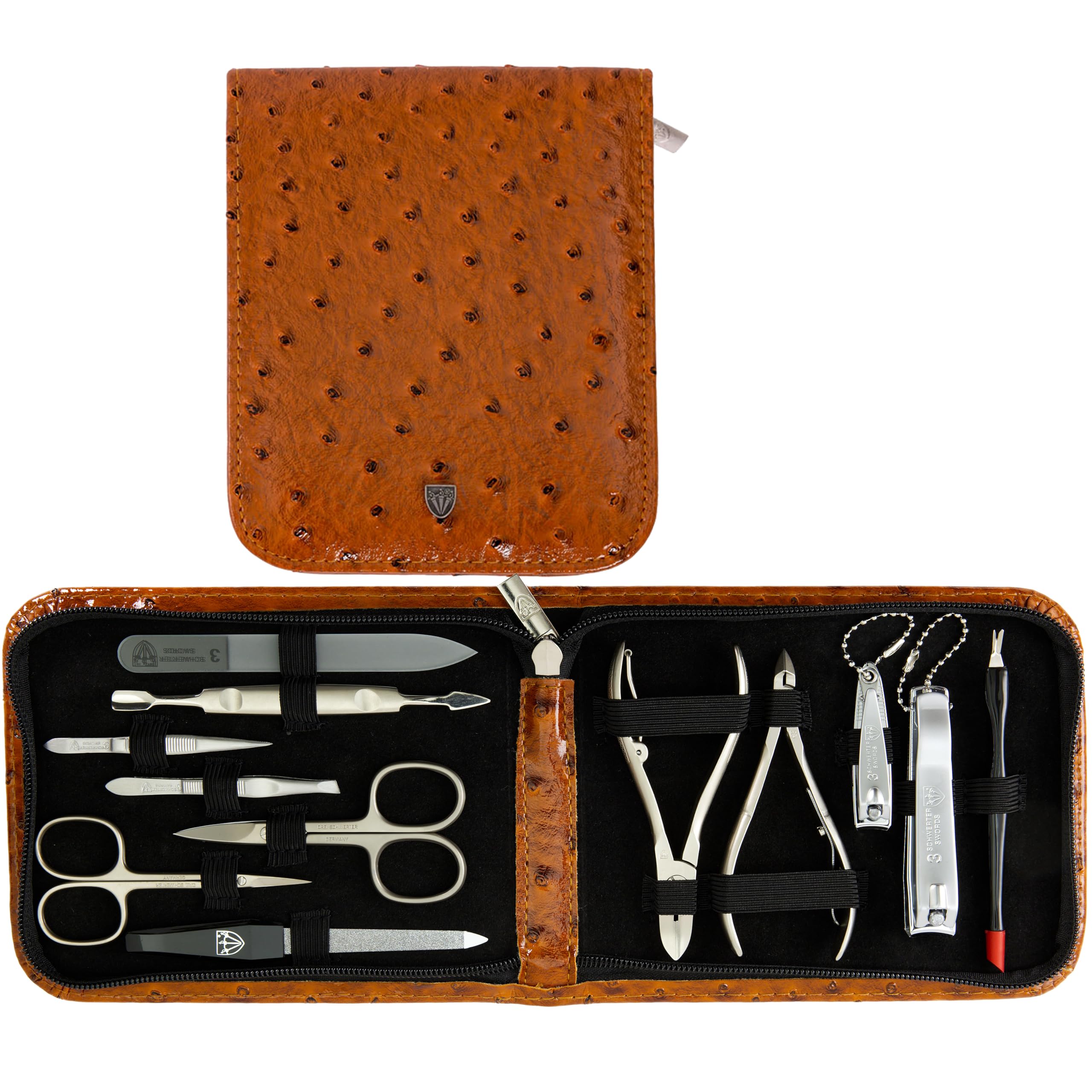 3 Swords Germany - brand quality 12 piece manicure pedicure grooming kit set for professional finger & toe nail care with cognac synthetic leather