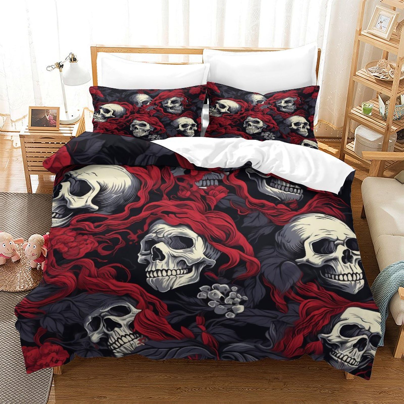 P1S9U7W5Y Gothic 3D Printed Skull Duvet Cover Set 3pcs Microfiber Skull Bedding Set Double