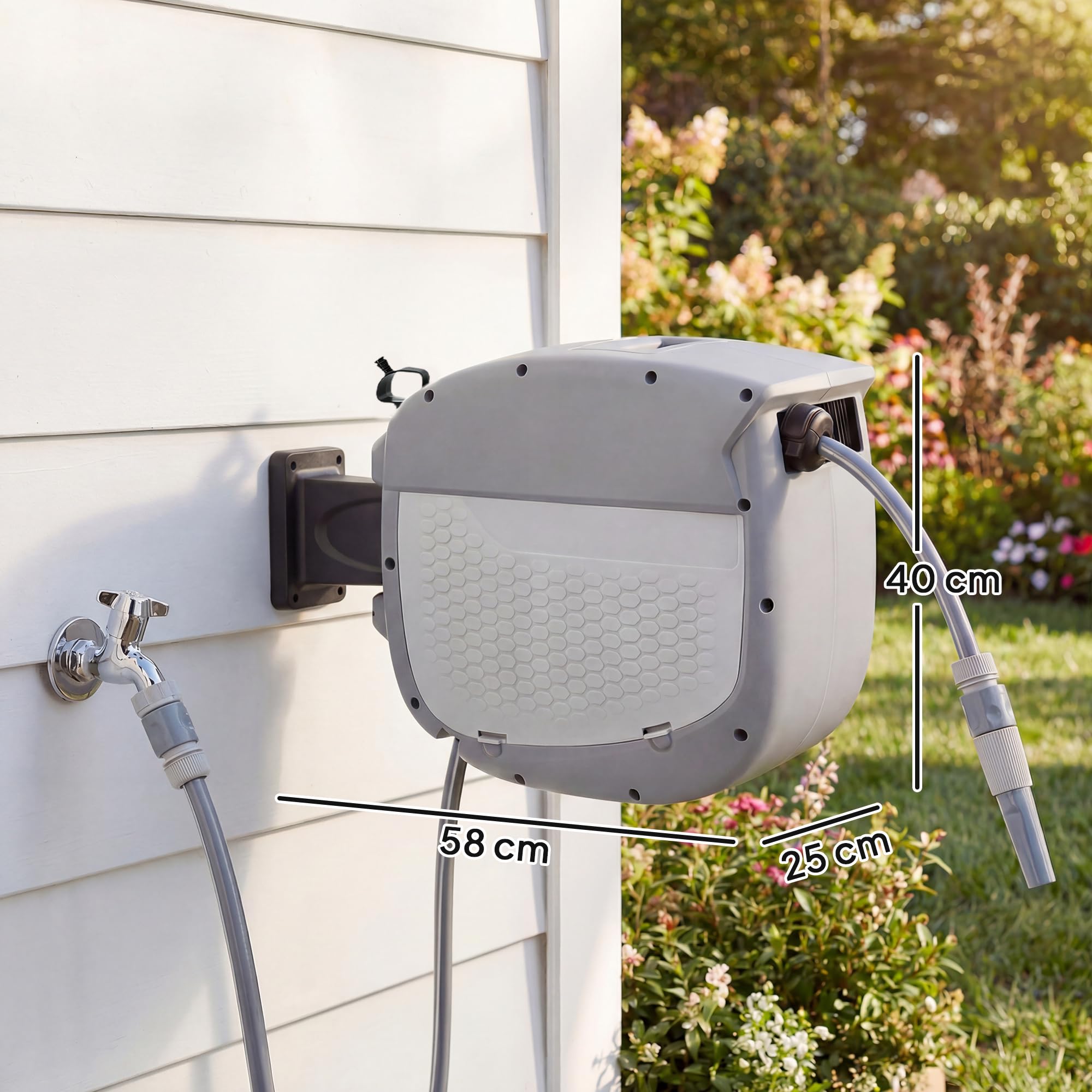 Outsunny Carrete de manguera de jardín 30m giratorio 180° gris | Caja de manguera, retracción automática, autoblocante, carrete de pared, carrete de agua.