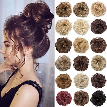 Messy Bun Hair Piece Scrunchy Updo Hair Pieces for Women Fluffy Wavy Hair Bun Scrunchies Donut Hairpiece Synthetic Chignons with Elastic Rubber Band Black mix Dark Auburn 2Pc