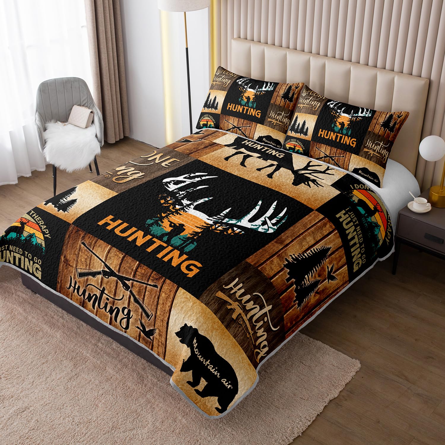 HOSIMA Twin Quilt Bedding Set,Deer and Bear Pattern Forest Western Bedding for Hunting Room Decor,Brown Hunting Themed Plaid Patchwork Quilt for Adults Room Decor with 2 Pillowcases.