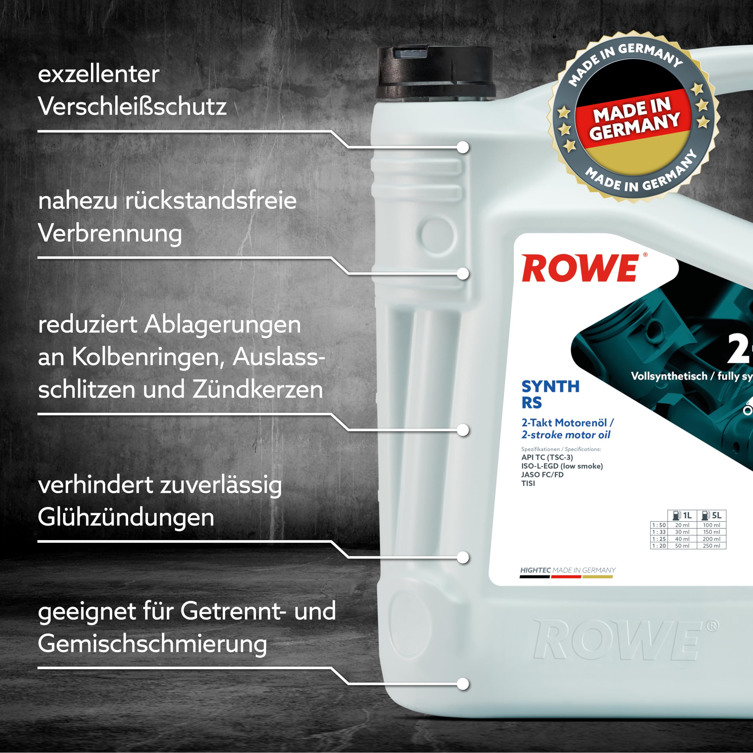 ROWE HIGHTEC Synth RS 2-T, 5 Liter, vollsynth. Ultra-High-Performance 2-Takt- Motorenöl | Vollsynthetisches Ultra-High-Performance 2-Takt-Motoröl für luft- und wassergekühlte Motoren, Art. Nr. 20032