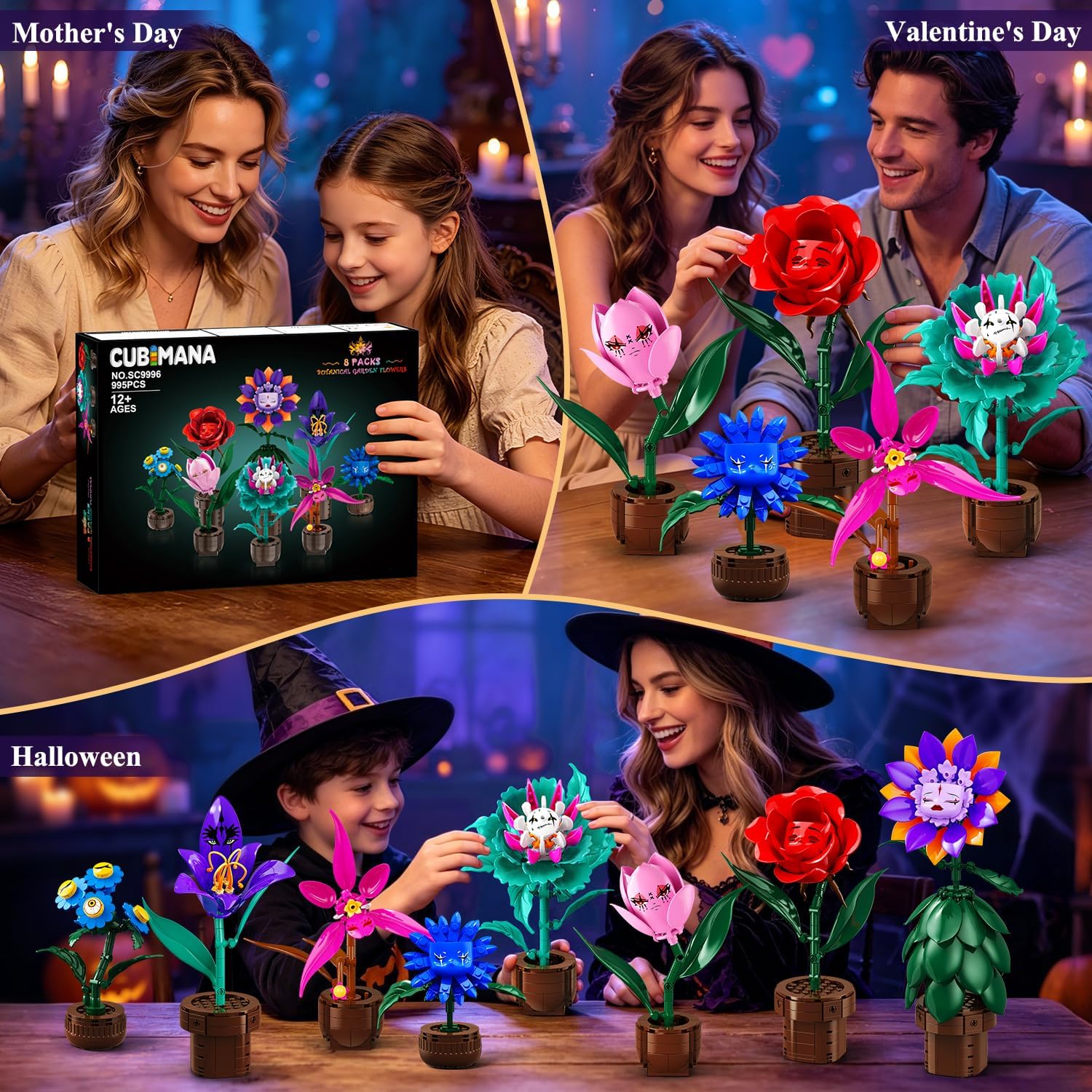 8 Pack Halloween Flower Building Set with Spooky Faces for Adults Kids