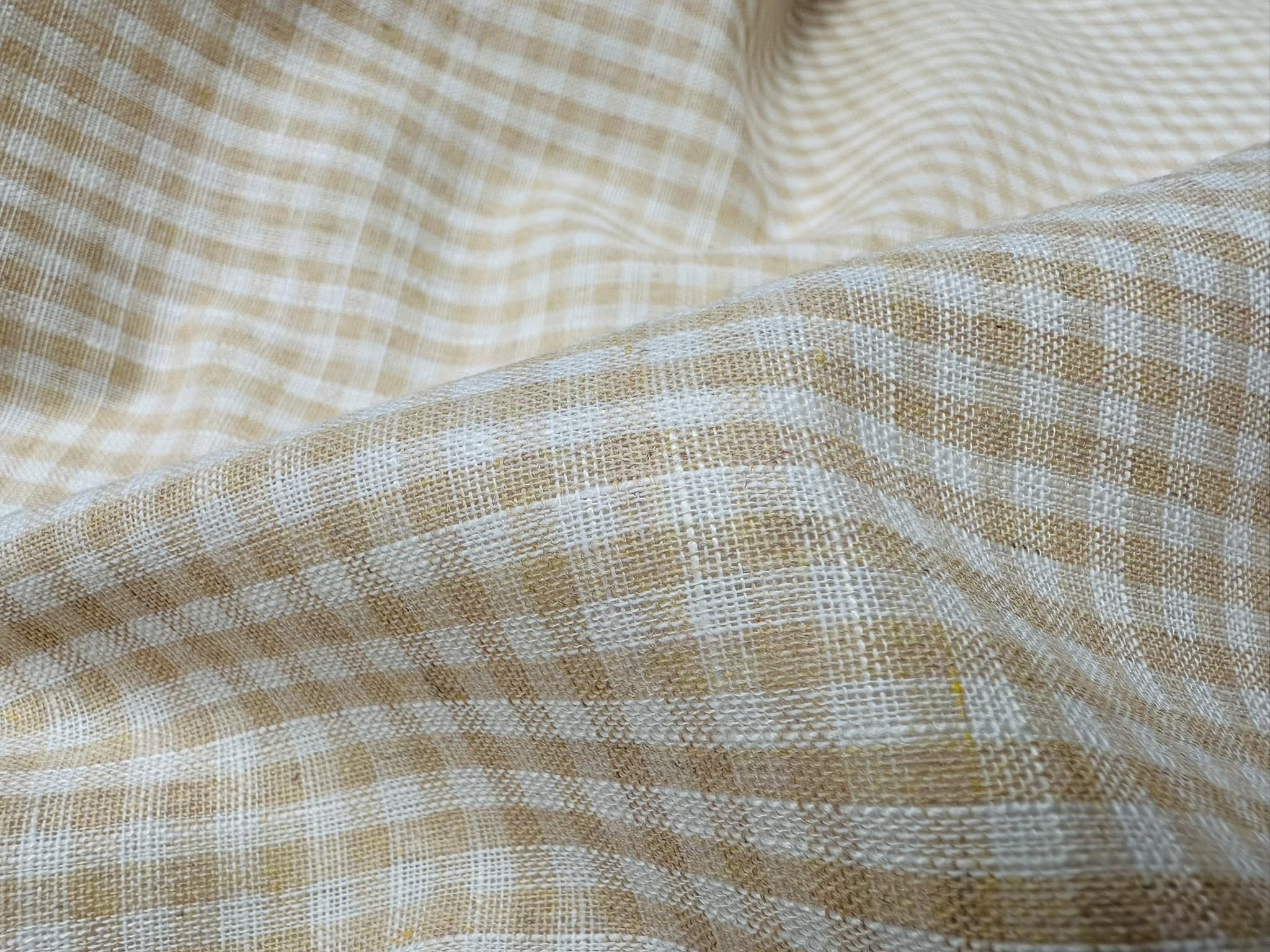 Mini-Gingham-Leinenstoff, leichtes Baumwollmaterial, niedliches weißes Karomuster, Heimdekoration, Schneidern, 150 cm breit, cremefarben, 1 m