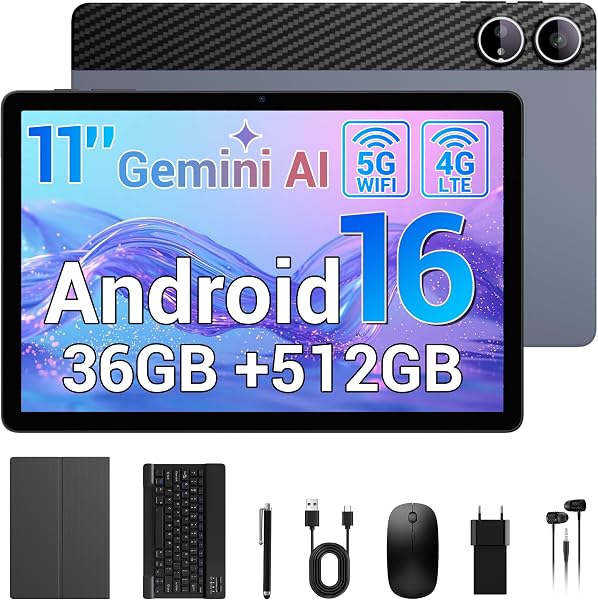 Tablette Android 16 11", 36 Go de RAM 512 Go de ROM/1 to TF, Double SIM 4G LTE Tablette avec Clavier, écran IPS HD 90 Hz, Octa Core, Widevine L1, WiFi, GPS, tablettes avec étui/écouteurs - 1