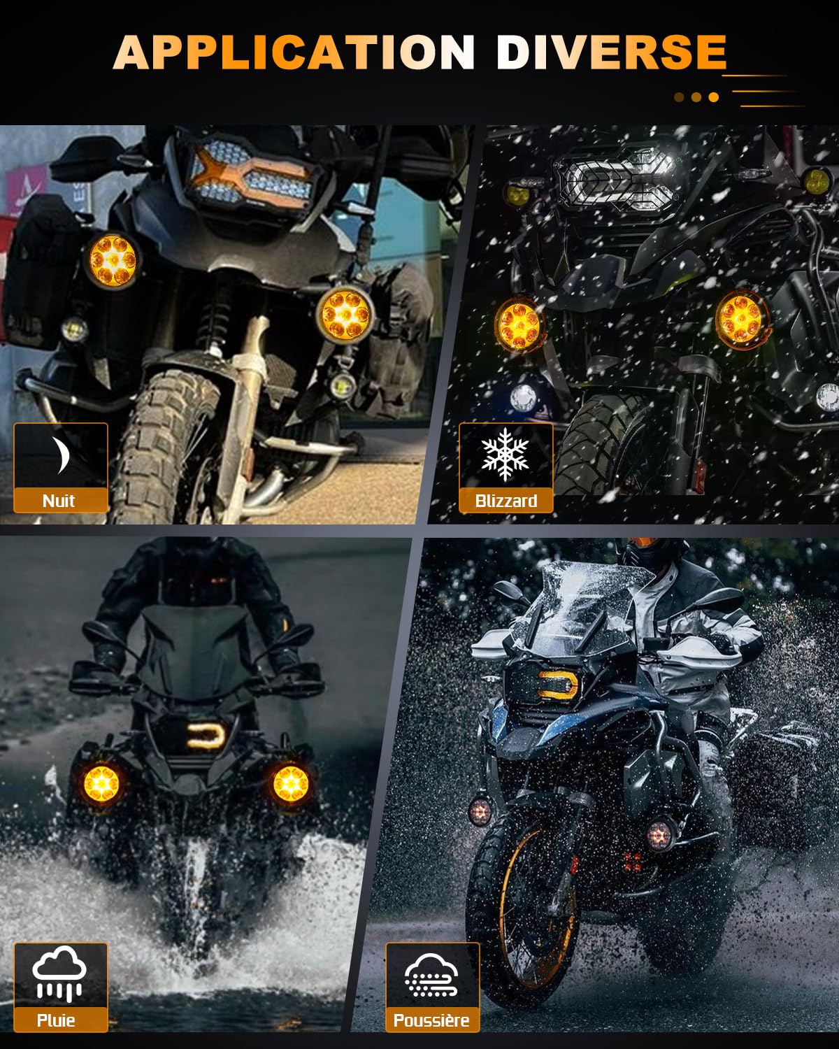 CO LIGHT Feux Additionnels Moto LED, 140W/2PCS Phares Antibrouillard Moto Stroboscope Phare Kit Capot Ambré Amovible Supports et Câblage Universel pour ADV Moto R 1250GS