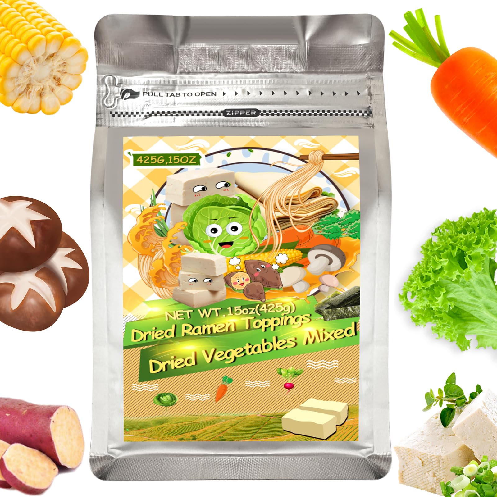 15Oz Tofu Vegetable Ramen Toppings Dehydrated Mix - 9 Kinds Freeze Dried Veggies Blend for Noodles, Rice, Soups, Camping, and Emergency Food, High Protein, Low Calorie, All-Natural, No Additives