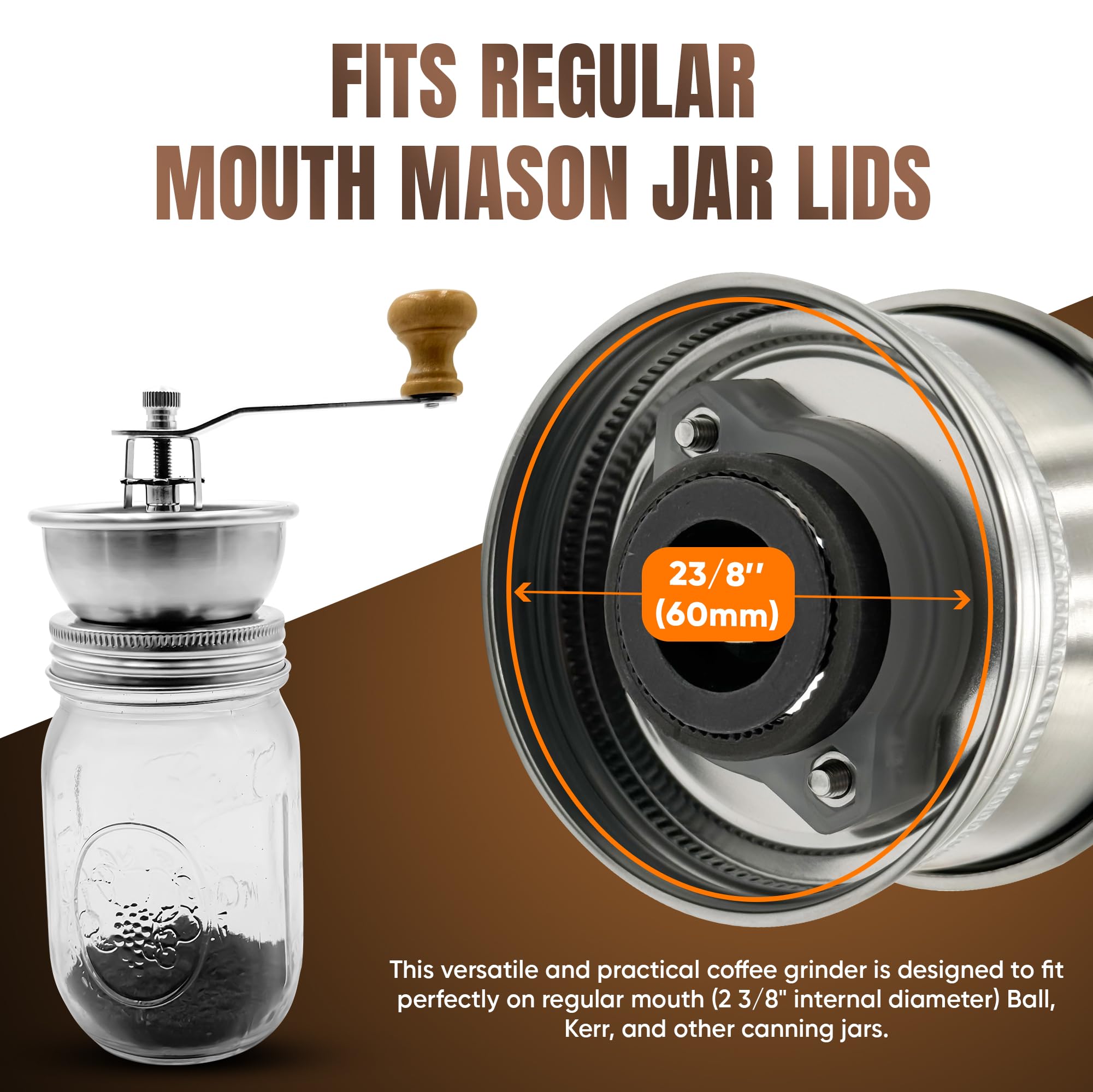 Stainless Steel Coffee Grinder Lid Attachment for Regular Mouth Mason Jars - Manual Crank Burr Grinder for Fresh Coffee, Ideal for Camping, Home Barista, Rust Proof Ceramic Mechanism - 3