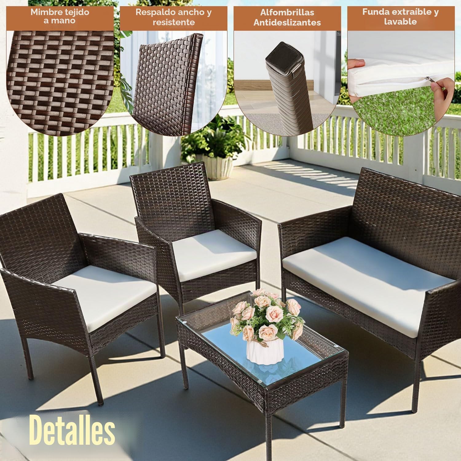 Juego de Muebles de jardín de polirratán para balcón, Juego de Muebles de jardín con sofá, sillas Individuales, Mesa y cojín de Asiento, Muebles de terraza (marrón)