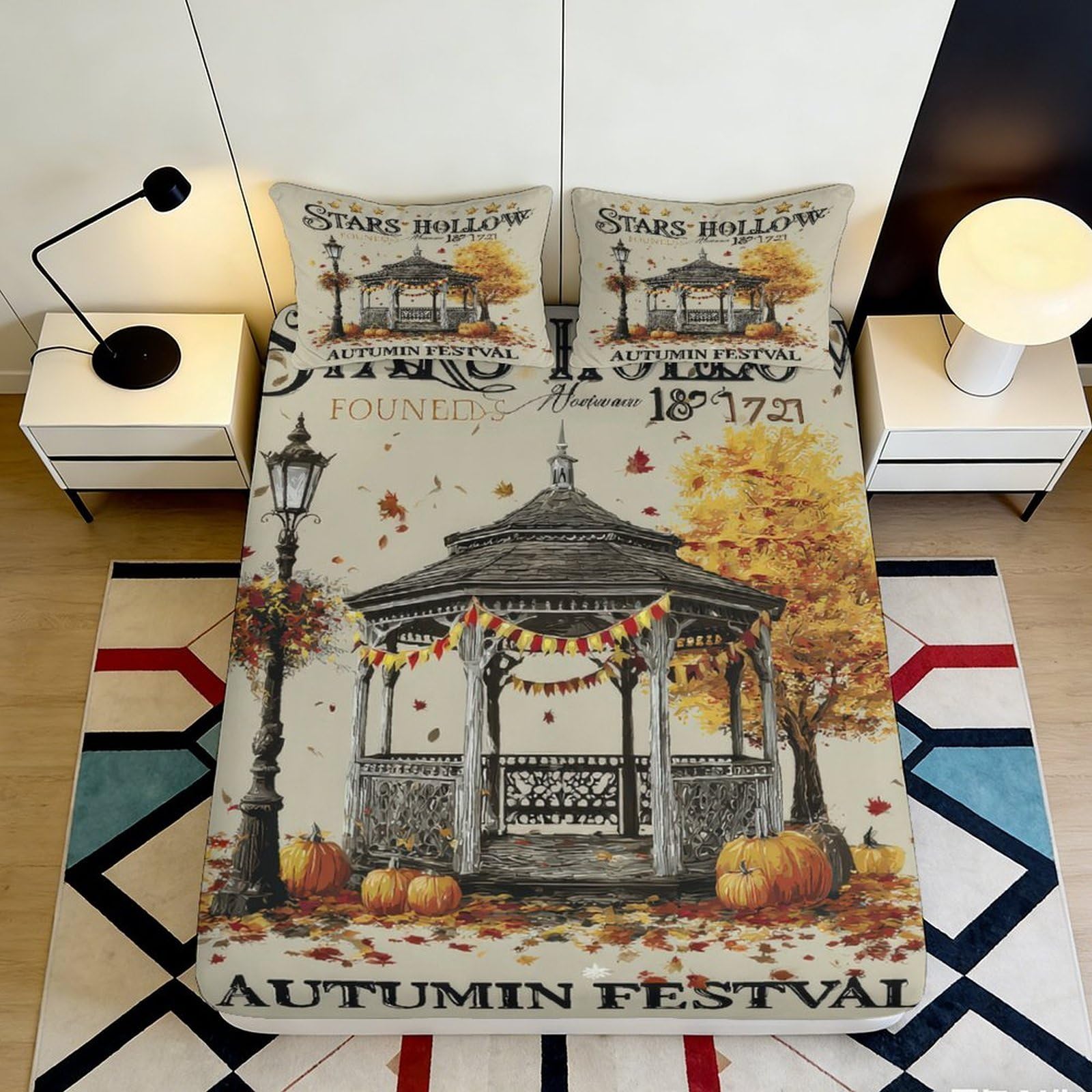 3D Printed Autumn Festival Fitted Sheet Microfiber Soft Breathable Gazebo Bed Cover with Pumpkin Leaves Design for Bedroom Dormitory Guest Room 200x200x25cm