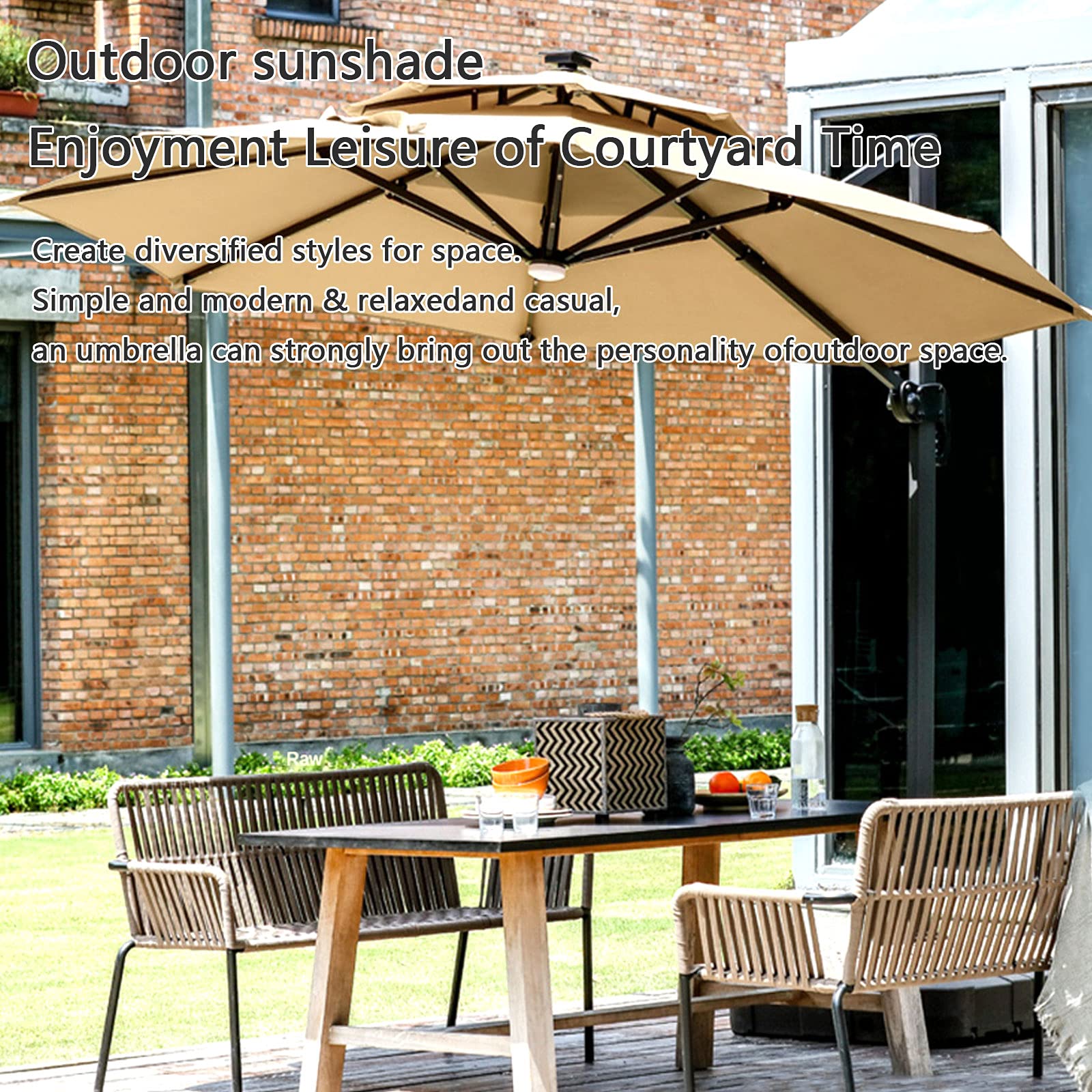 3m Parasol Ogrodowy Na Wsporniku, Parasol Na Patio Ze światłami Led Zasilanymi Energią Słoneczną, Parasol Wiszący Na Korbie Z Mechanizmem Pochylania Korby Ochrona Przed Promieniowaniem Uv,Beige