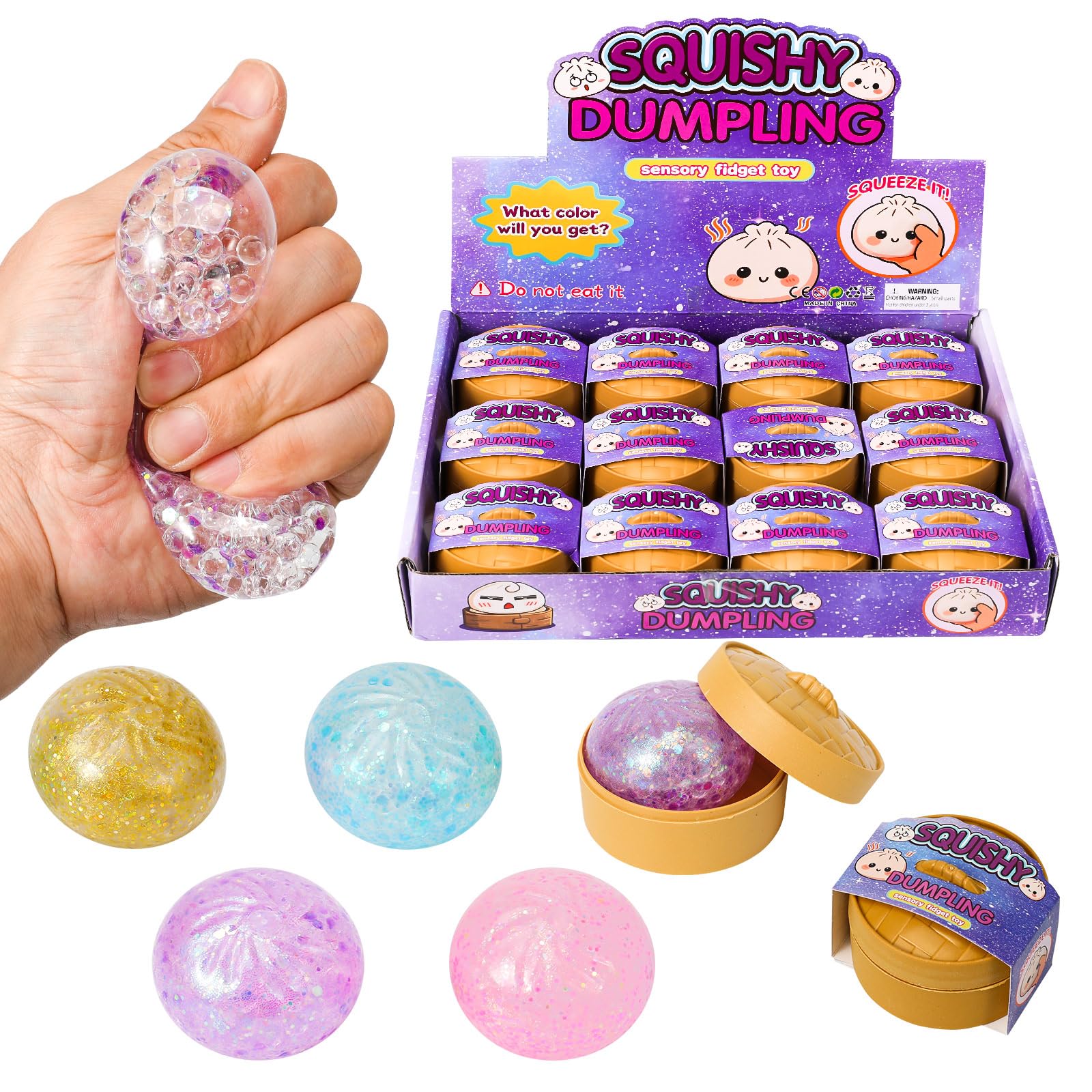 12 pezzi Mystery Dumplings Squishy Buns con scatola per cottura a vapore, giganti gnocchi glitterati, set da gioco sensoriale, per alleviare lo stress e la coordinazione, per bambini e adulti (B)