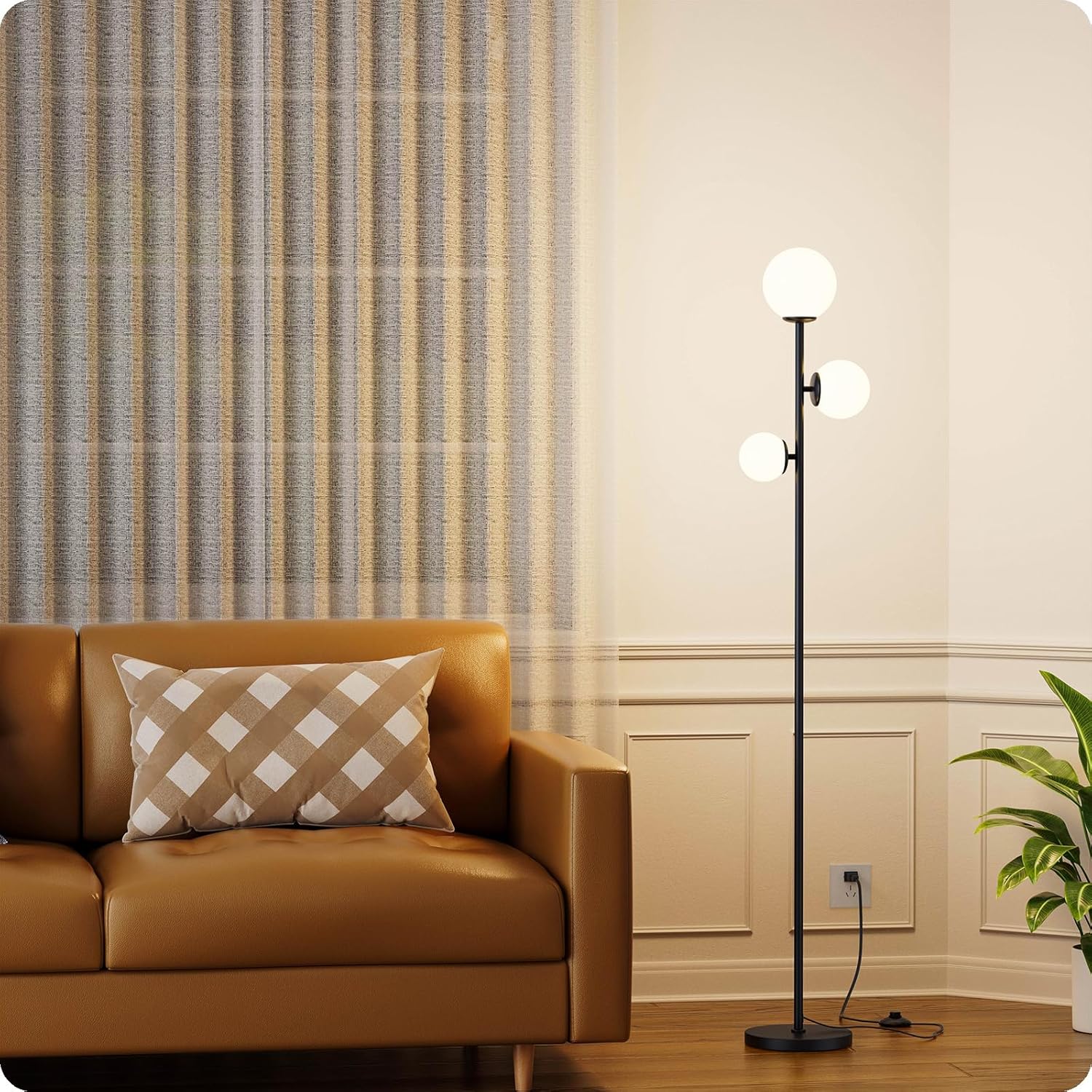 Nukanu Floor lamp with 3 Frosted Glass Shades,Stangding Lamp Floor Lamps for Living Room Bedroom Office with 3 led Bulbs,Tall lamp with Foot Switch (Black)