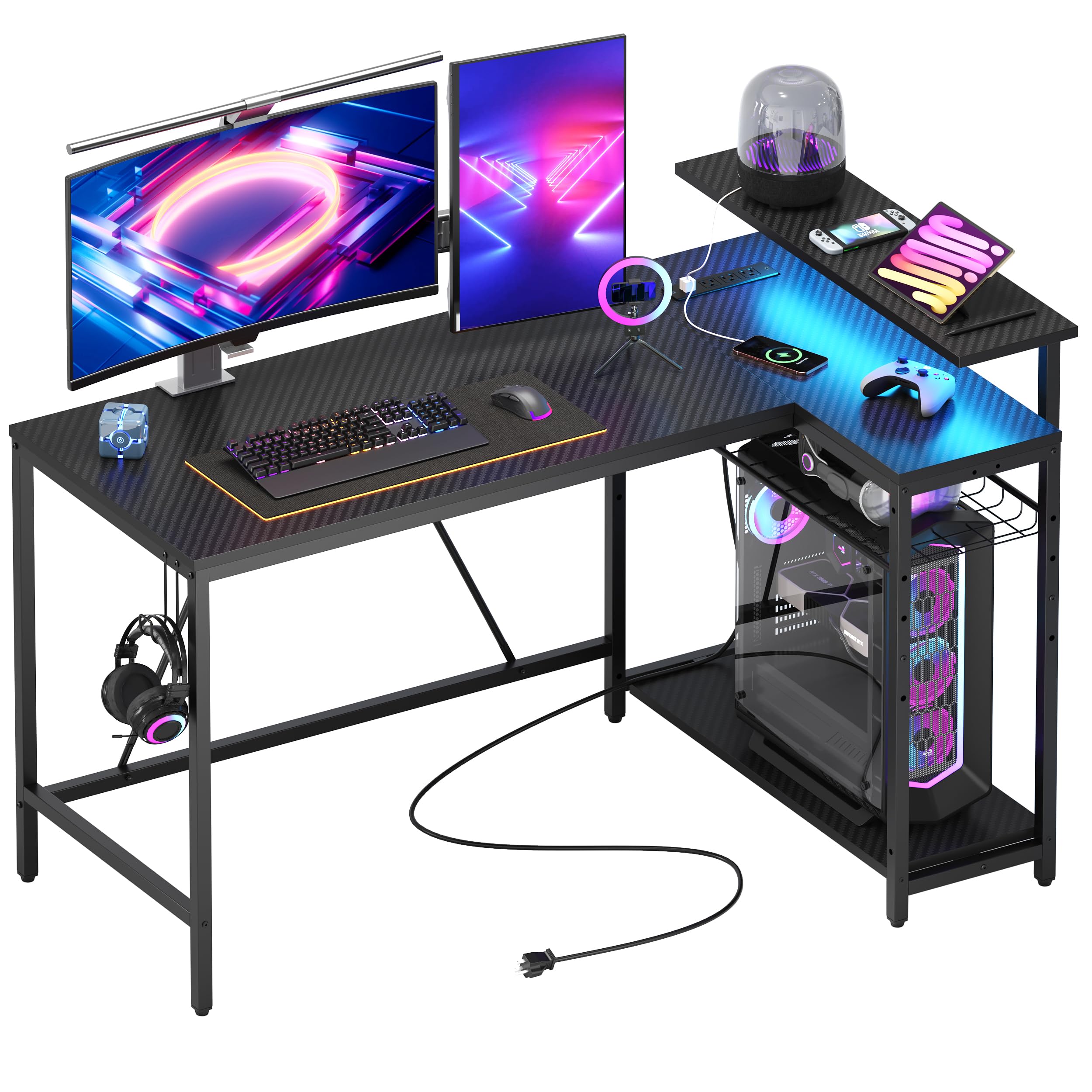 Bestier 52 Gaming Desk with Power Outlet & USB Ports,Reversible Small L Shaped Computer Desk with LED Strip & Headset Hooks,Corner Desk for Small Home Office Spaces,Bedroom Black