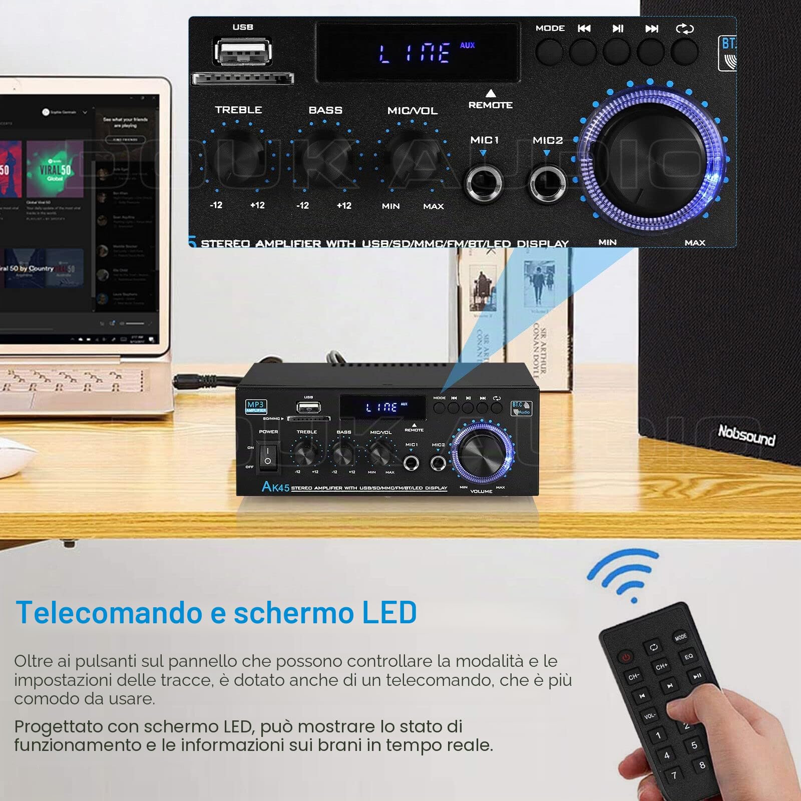 Nobsound AK45 Amplifier Bluetooth 2.0 Canali Amplificatore Stereo Ricevitore Car Amp MIC SD/USB Player FM Radio Karaoke per altoparlante casa/auto