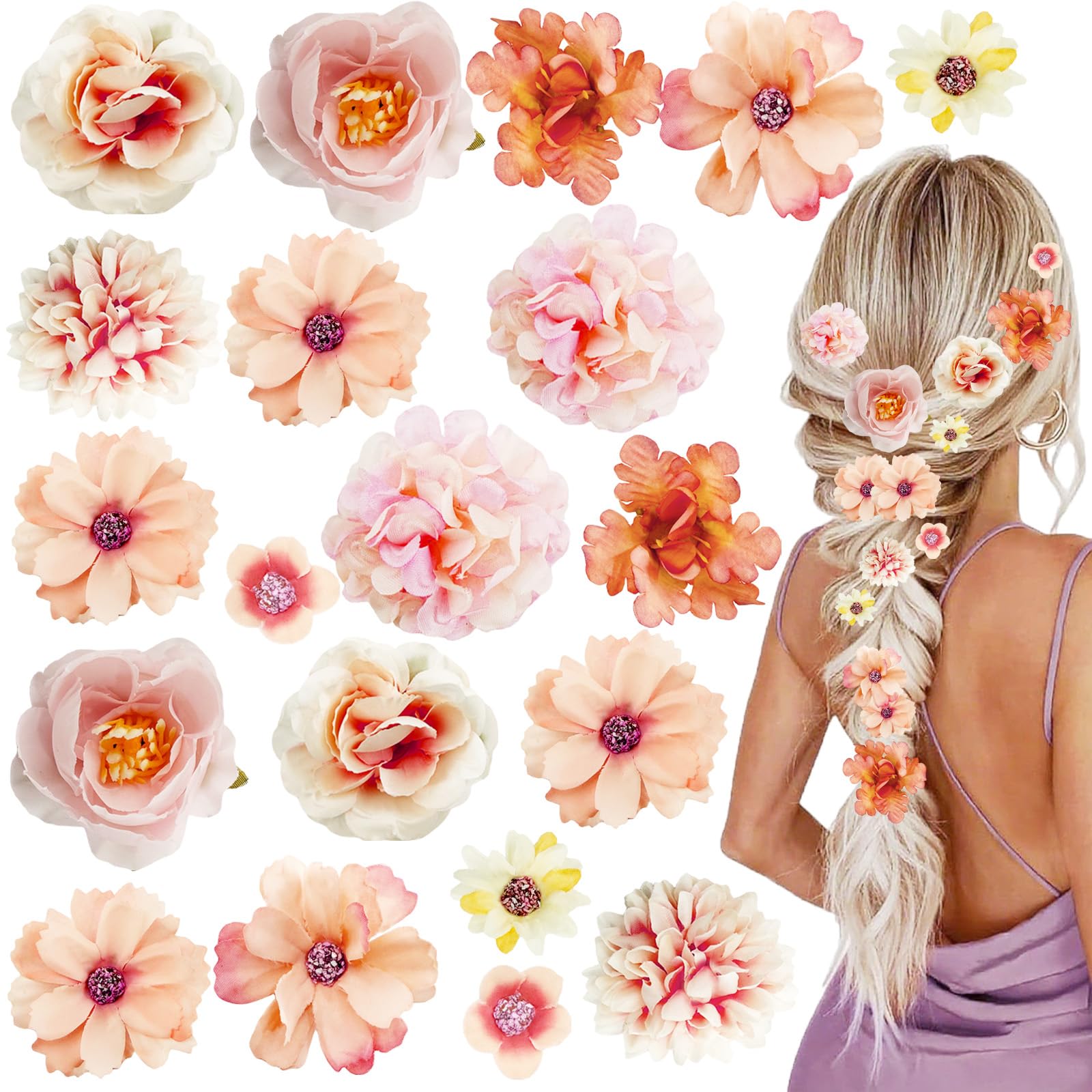 Photo 1 of 20PCS Boho Hair Flower Clips, Pink Hawaiian Silk Floral Hair Barrettes, Festival Wedding Beach Party Hair Accessories for Women
