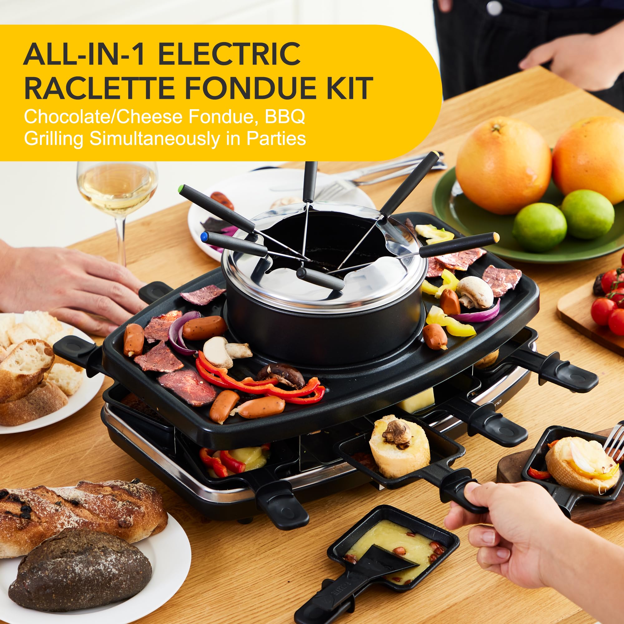 Befano Elektrischer Raclette-Grill mit Fondue-Topf-Set, tragbarer koreanischer Tischgrill für Käse, mit zwei verstellbaren Thermostaten, ideal zum Servieren von 8 Personen, perfekt für