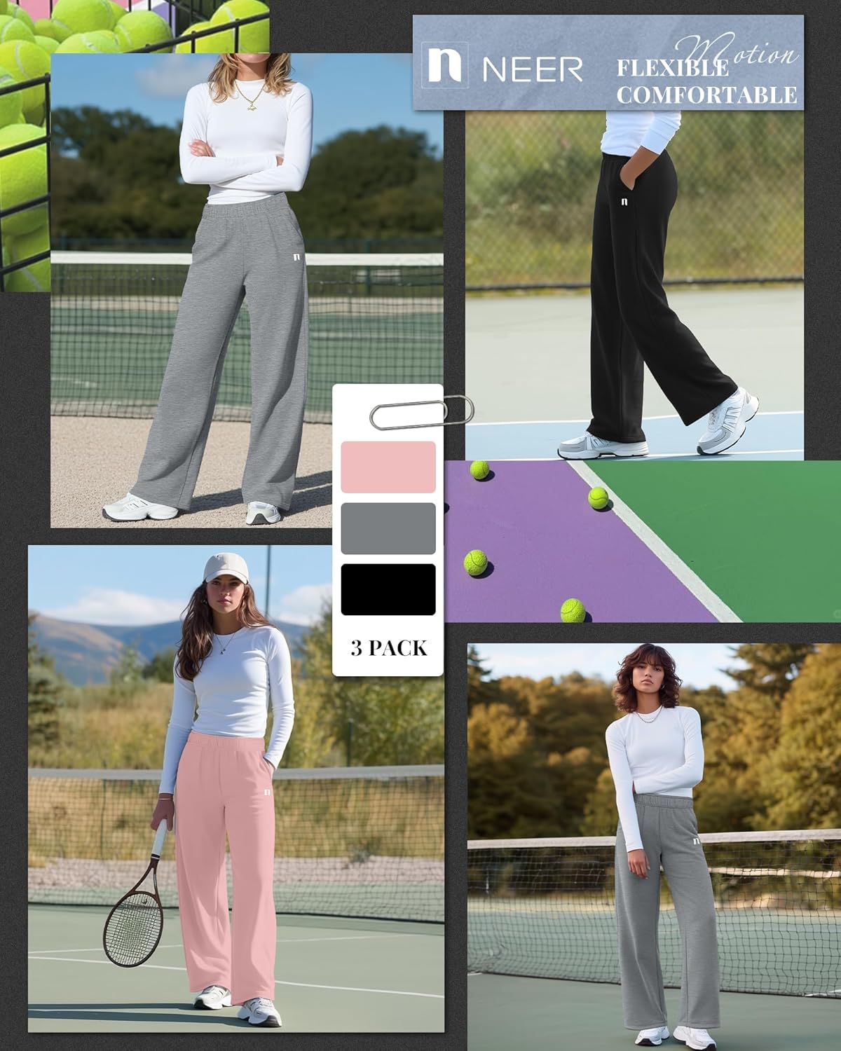 Neer 3 Pack Womens Wide Leg Sweatpants Lounge Athletic Joggers Elastic Waist Baggy Straight Leg Long Pants with Pockets - Image 4