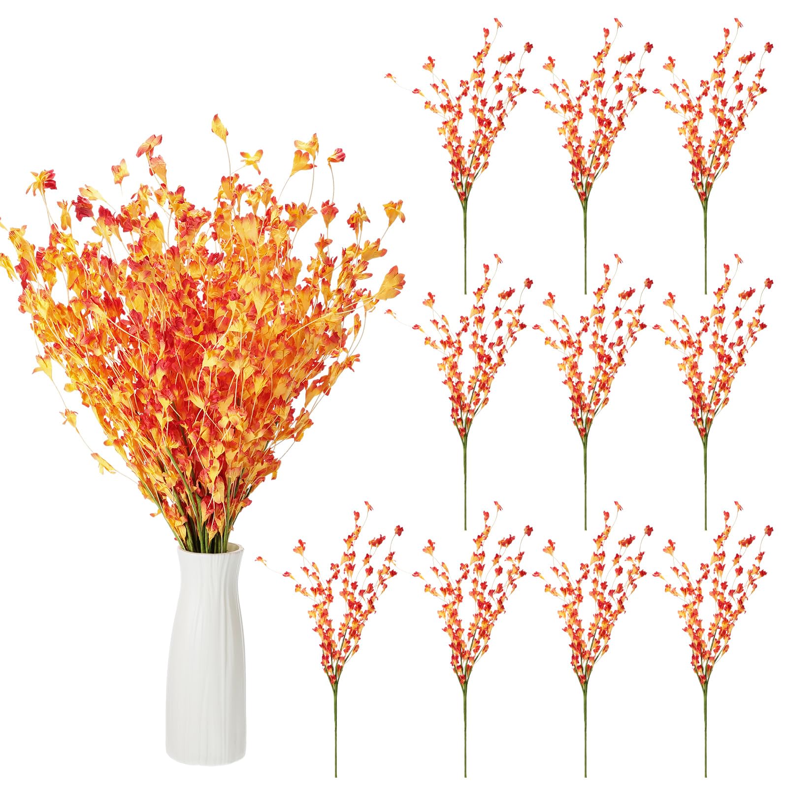 10 Pack Artificial Fall Flowers for Vase, Fake Babys Breath Flower Fall Decorations, Orange Autumn Flowers Decor Floral Leaves, Faux Dried Plant Greenery Bouquets for Home Wedding DIY