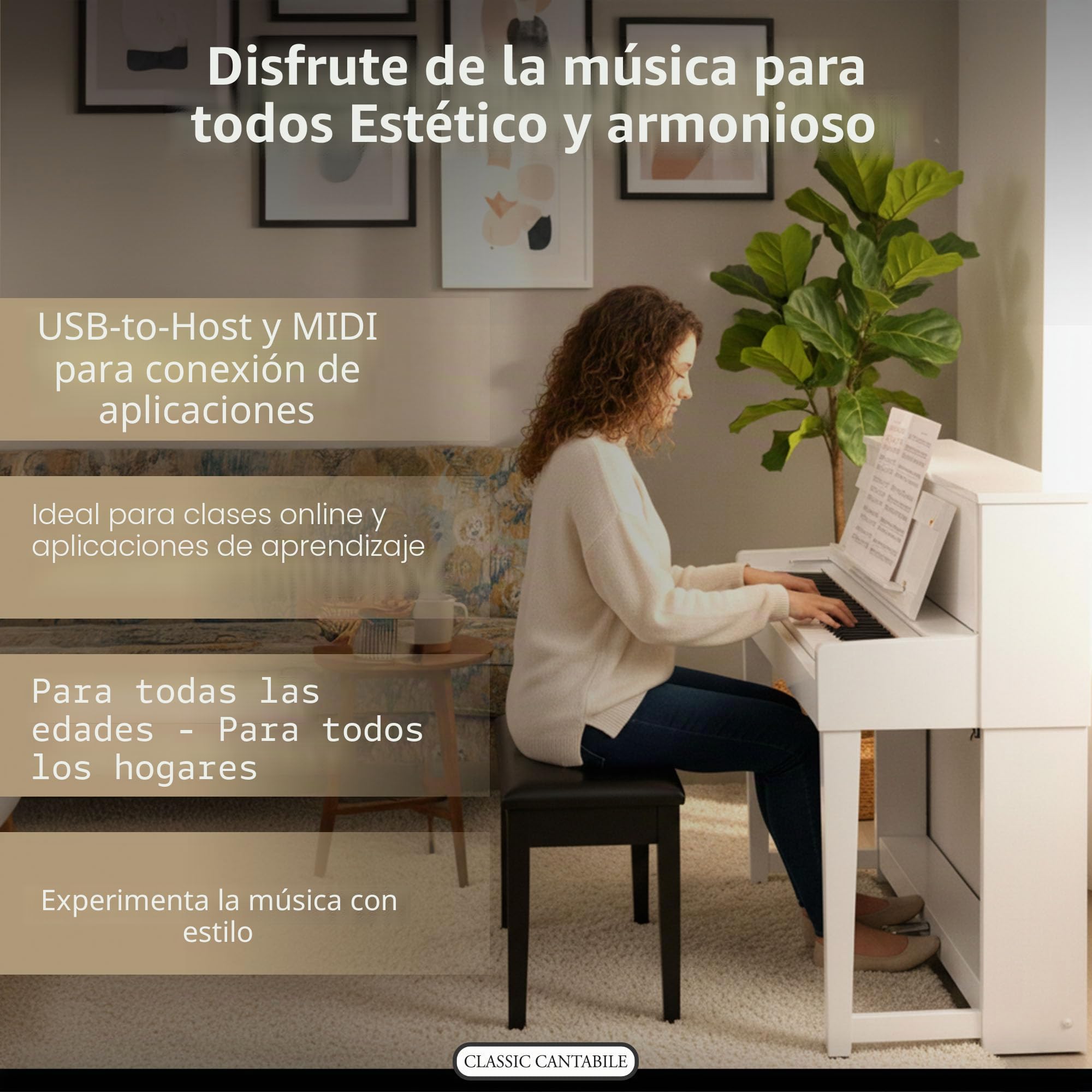 Classic Cantabile UP-1 WH Piano Vertical Digital - 88 Teclas con Peso - Teclado electronico con USB, MIDI, 40 voces, 256 polifonía - Organo musical Set con Banqueta y Auriculares - Blanco Brillante