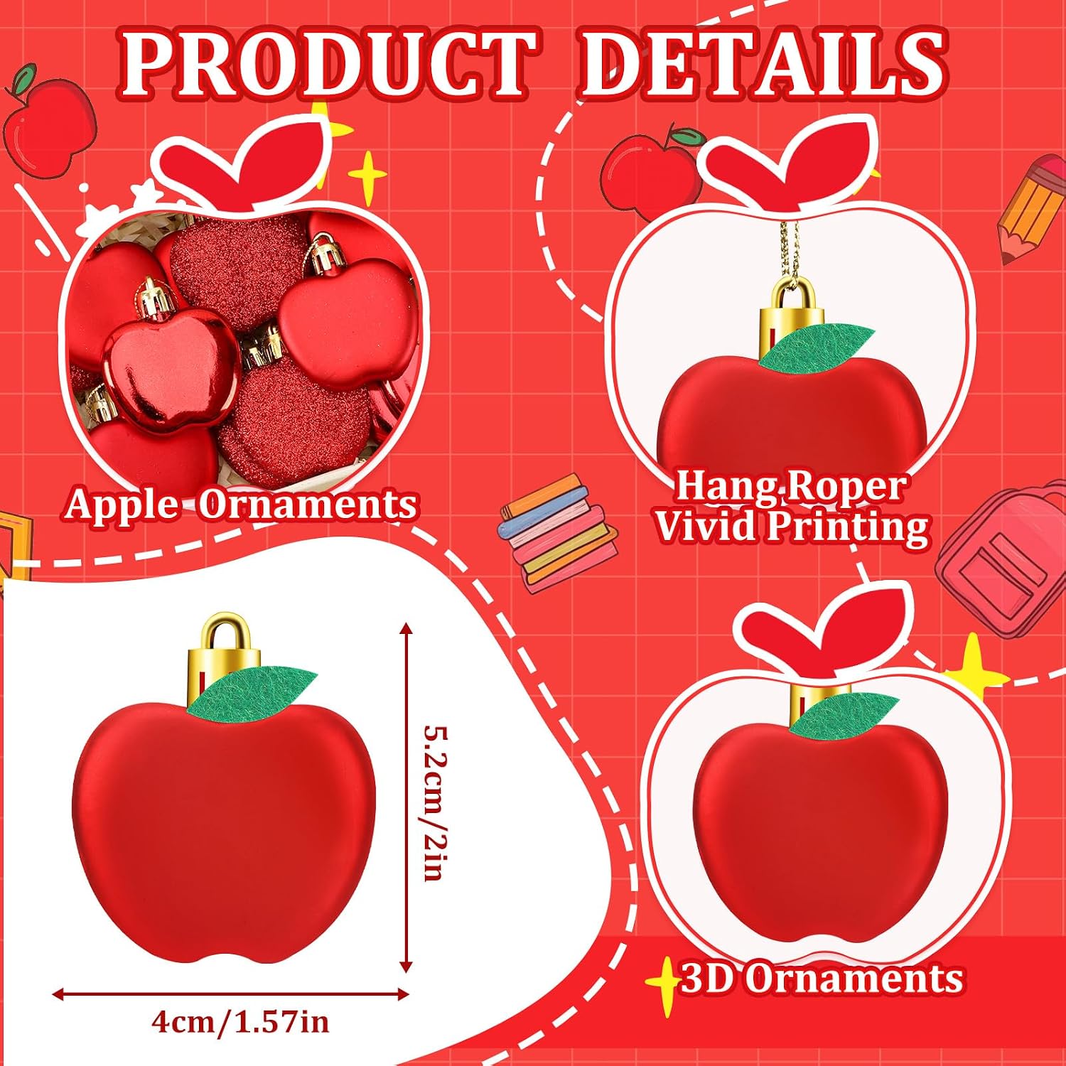 JULMELON 24 Pcs Back to School Apple Ornaments for Small Tree Decoration | Red Shiny Matte Glitter Apples, First Day of School Party, Birthday Classroom Supply, Hanging Decorations, for Small Tree