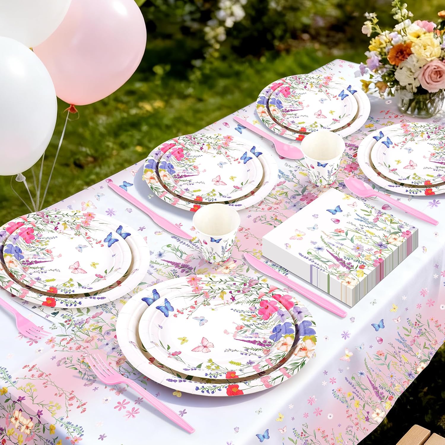 195pcs Spring Wildflower Party Decorations with Banner Balloons, Wildflower Party Supplies for 24 Guests, Floral Disposable Plates Napkins Cups Cutlery for Baby Shower Birthday Tea Party Decorations