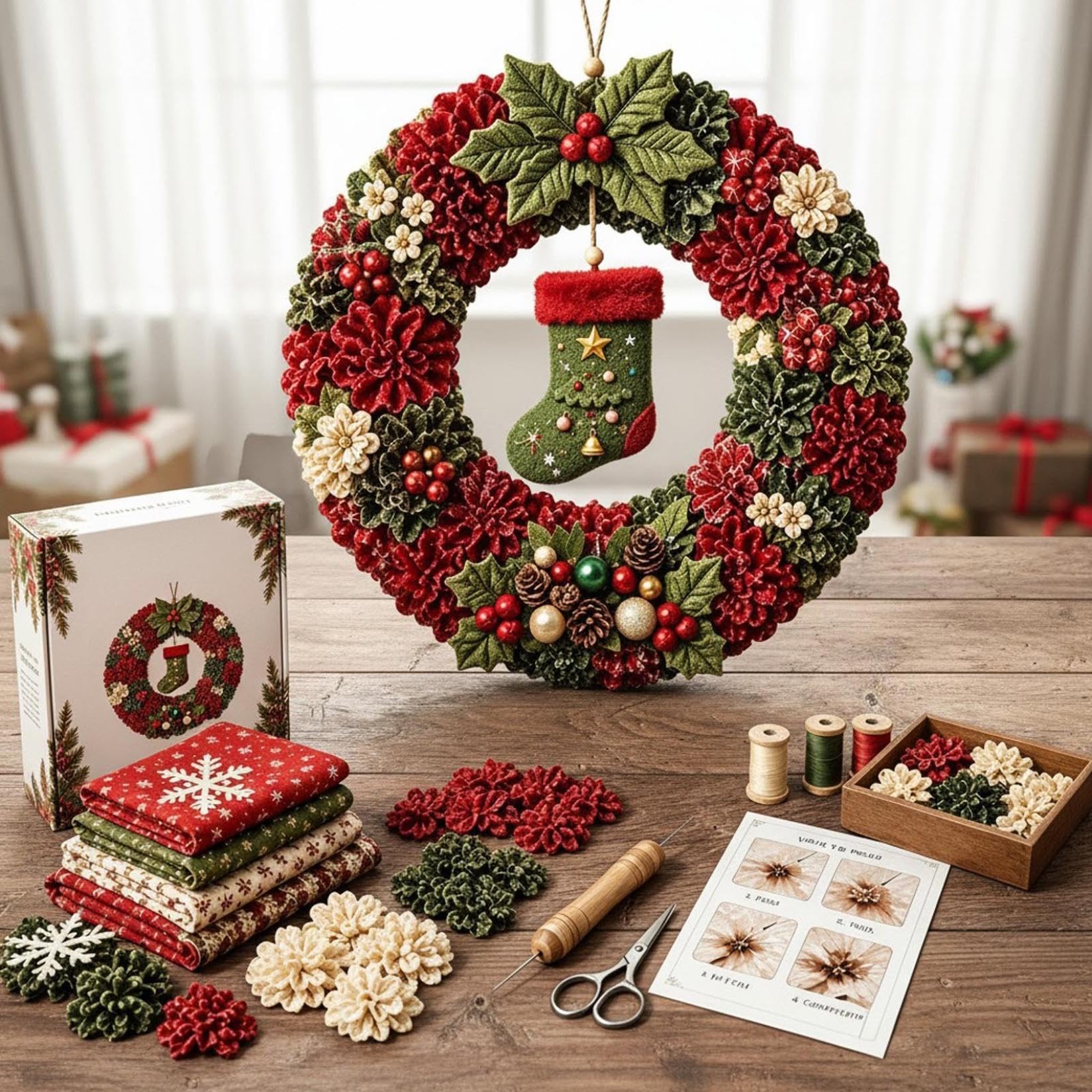 3D Fabric Poke Wreath Diy Kit, Fabric Pokes Art For Adults, Christmas Wreath, Christmas Wreath Diy Kit For Adults, 3D Fabrics Poke Art Craft Kit, Holiday Wreath Making Kit & Door Decor (sock)