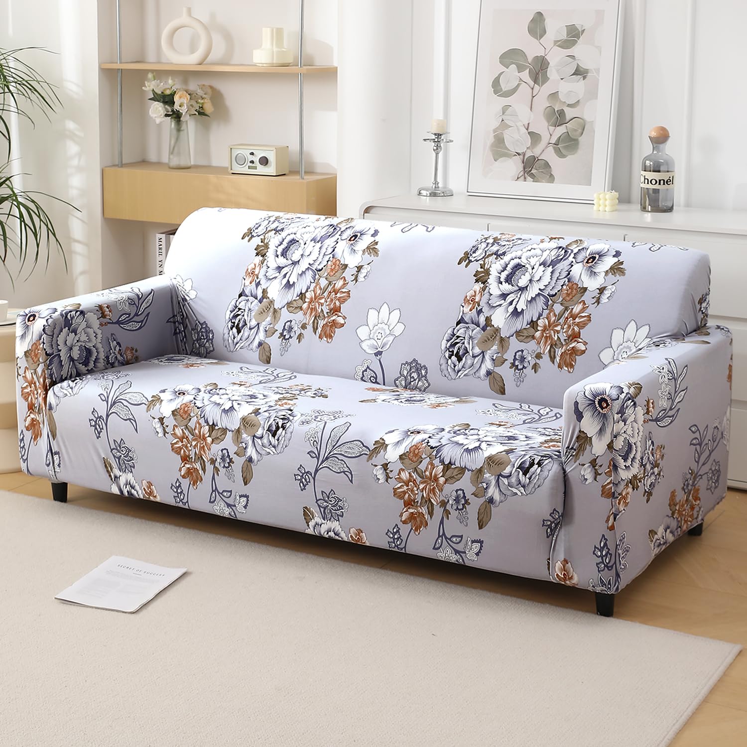 HOKIPO 4 Seater Sofa Cover - Grey Floral -12 HOKIPO 4 Seater Sofa Cover - Grey Floral -12