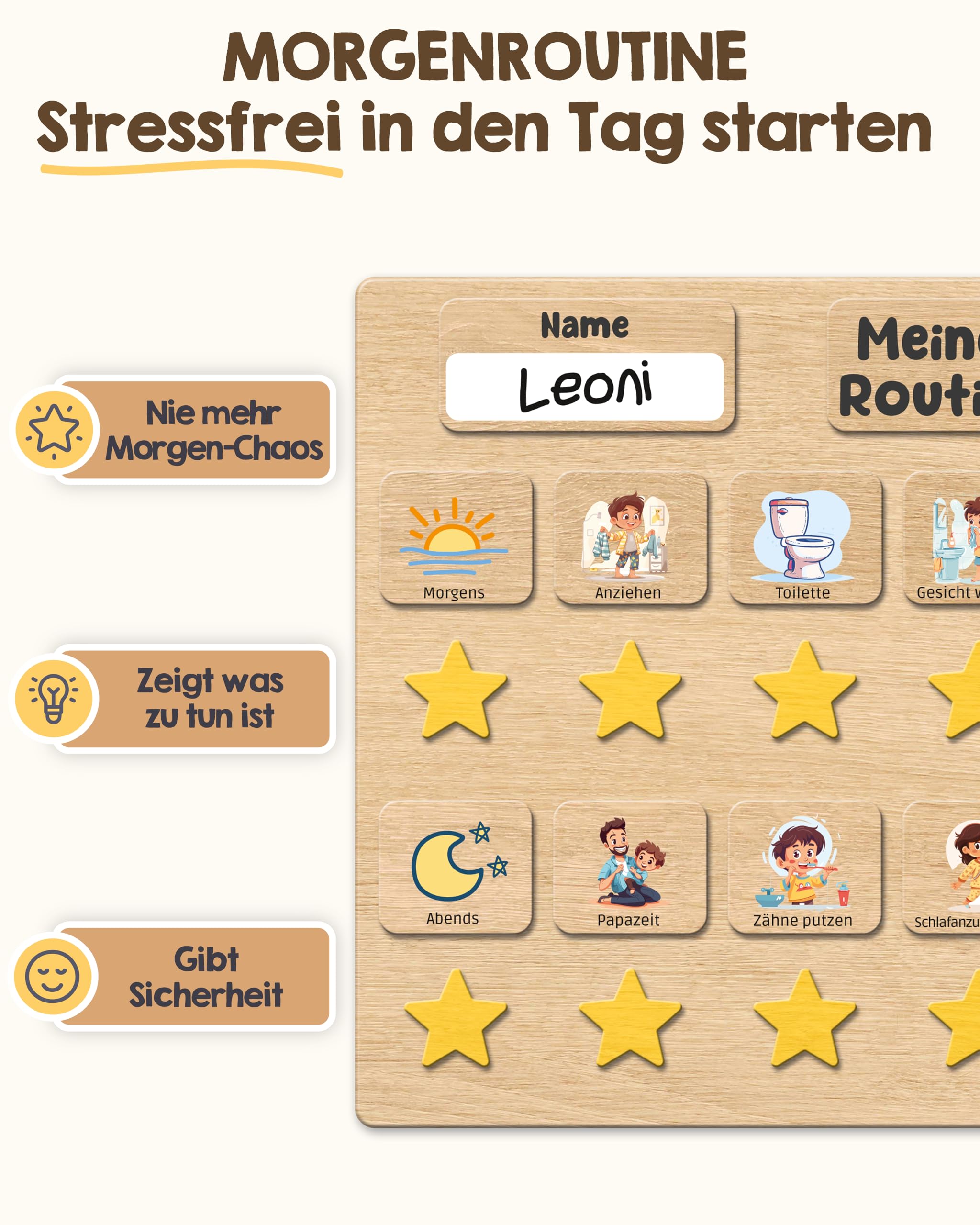 PANDABANDE Premium Routine Planer Kinder Holz - 100% FSC®-zertifiziert | Morgenroutine und Abendroutine mit 84 Karten & Sternen - Tagesplaner Kinder Routine - Routineplaner für Morgens und Abends