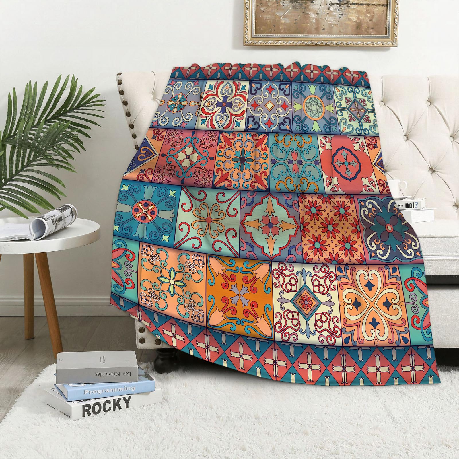 MAAPCHP Flannel Fleece Blanket Throws for Sofa Fluffy Blanket Bed Throw for Bedroom Seamless pattern with portuguese tiles in talavera style. Azulejo moroccan mexic Blanket for Bed, Couch,Car 60x80in