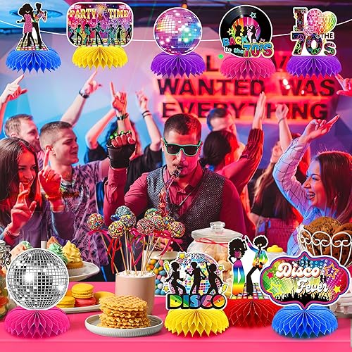 Miniatura 5 de 10 piezas de decoraciones de fiesta de discoteca de los años 70, centros de mesa de nido de abeja de los años 70 para temática retro, suministros de