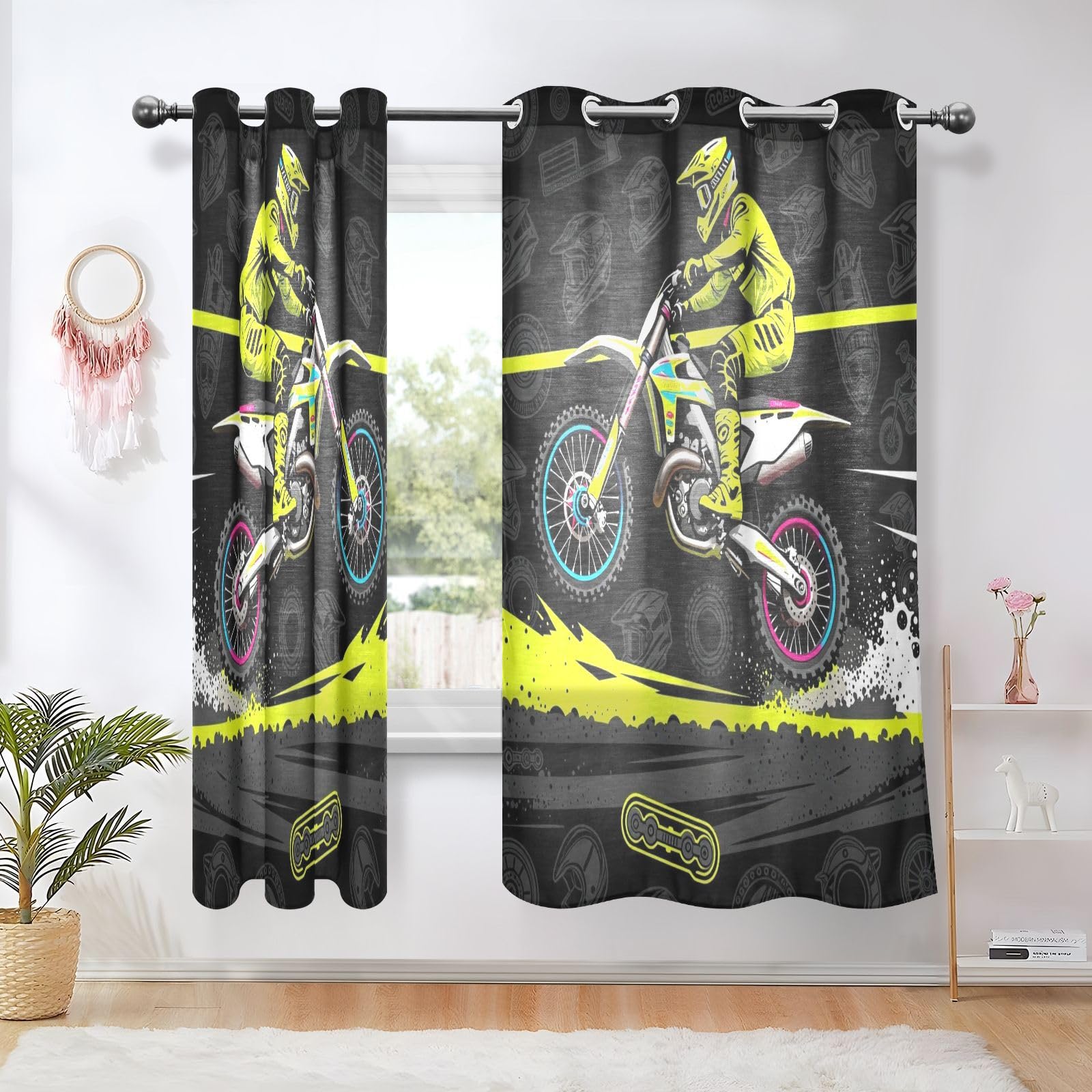 Cortinas decorativas de lino para dormitorio, estilo retro, para motocicleta, motocross, 160 cm de largo, oscurecimiento de la habitación, juego de 2 paneles