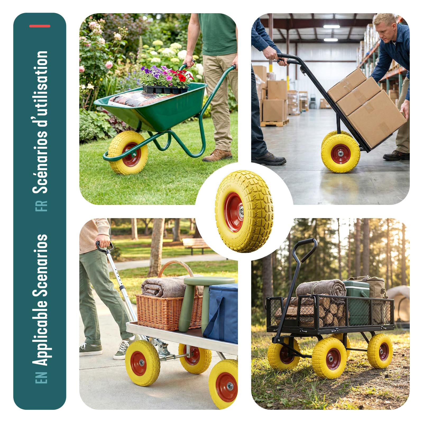 VOUNOT® Lot de 4 Roue Increvable 3.5-4 en PU Roue de Brouette 260x85mm Alésage de 16 mm avec Roulements à Billes pour Diable Chariot et Remorque de Jardin Jaune