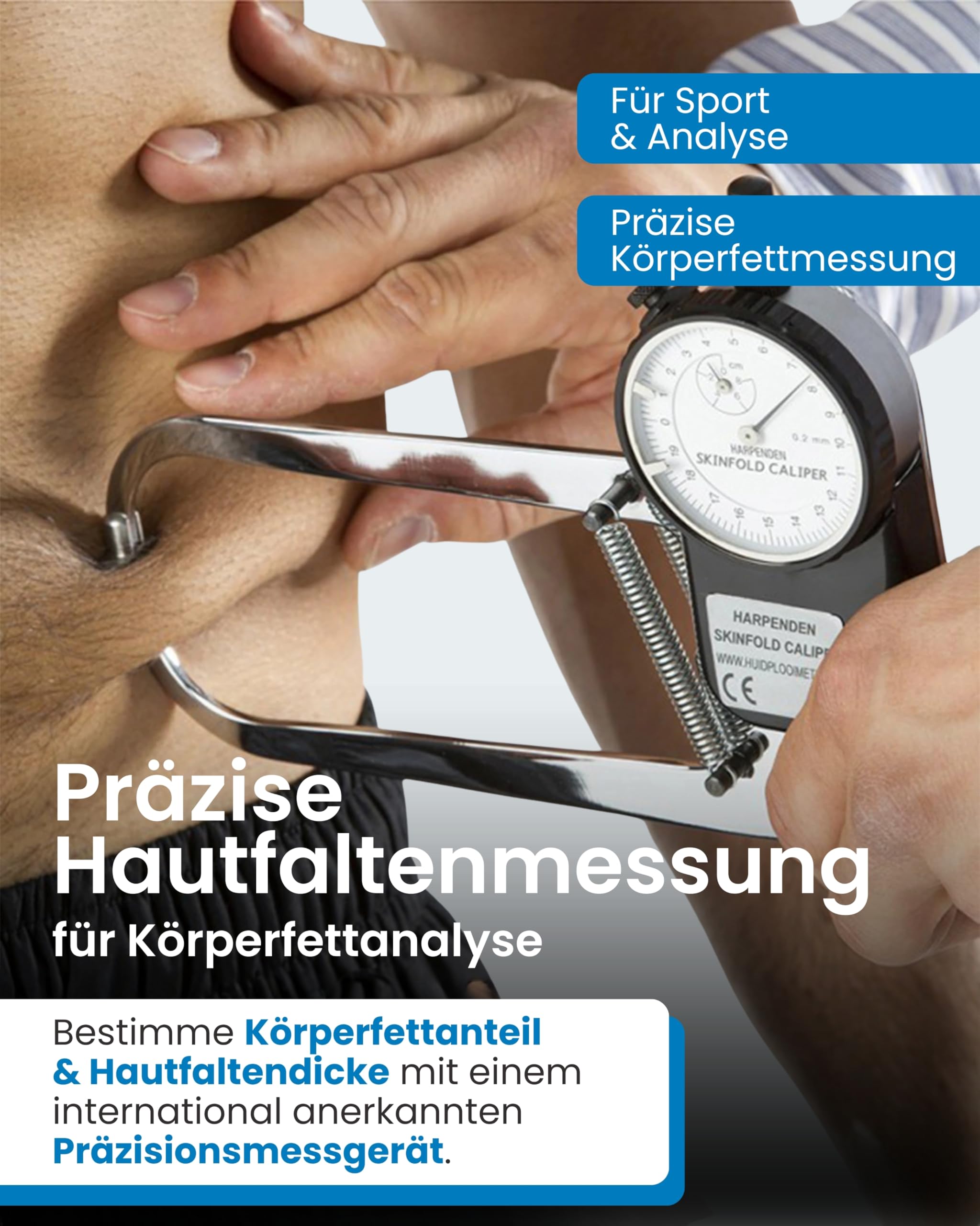 HaB Harpenden Skinfold Caliper I Präzisions Hautfaltenmessgerät zur Körperfettmessung I Caliper Zange mit 0,2 mm Skala I Messbereich 0–80 mm I Körperfettzange inkl. Holzkiste