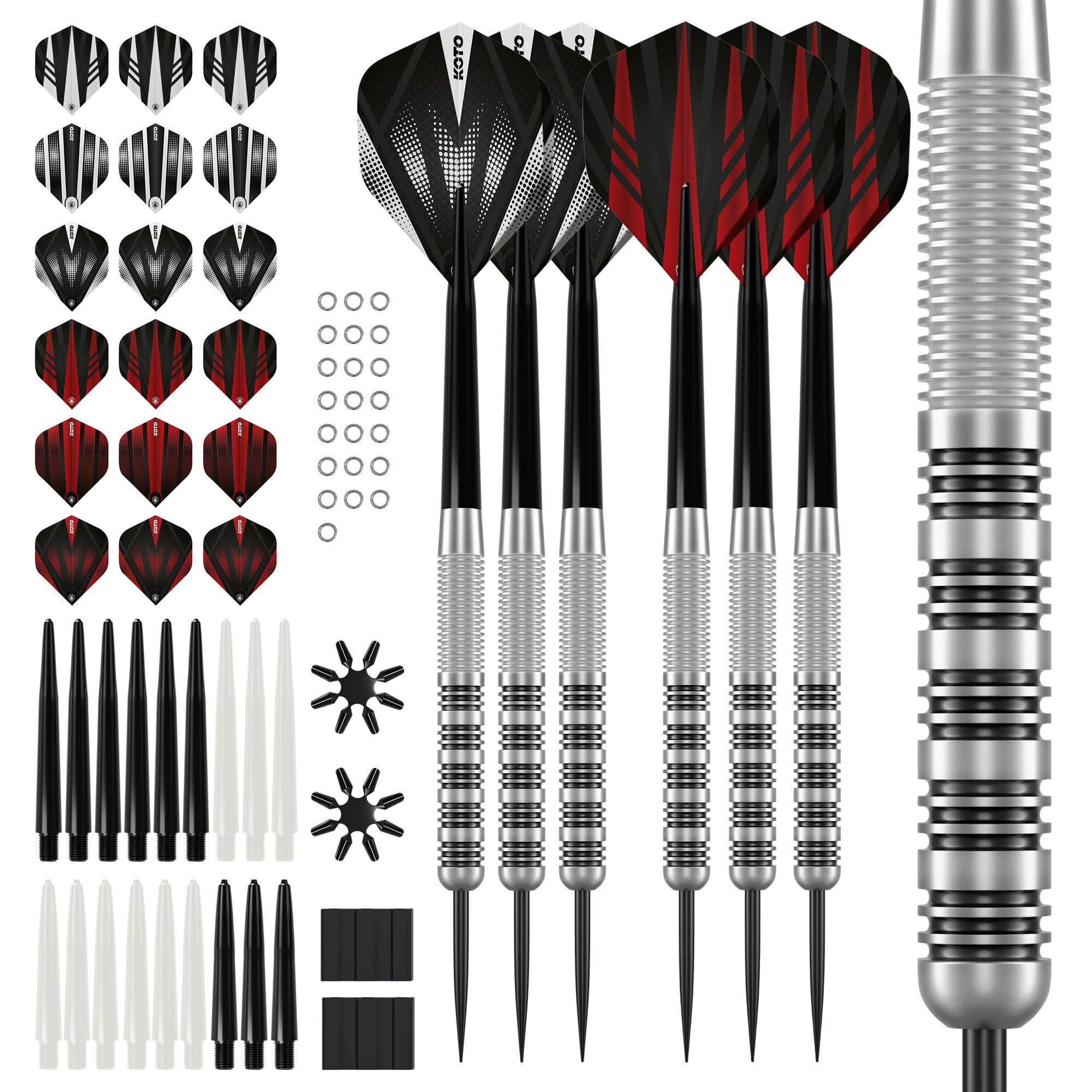 KOTO – Silver Black Brass Lotki do Darta, 18G, Zestaw Steeldarts, 90-Cz. | 18G Lotki do Darta Steeldarts, 6 Barrels, 18 Dart Flight i 18 Shaft, Wyważenie Centralne, Chwyt 2, Mosiądz, 57mm, 8mm