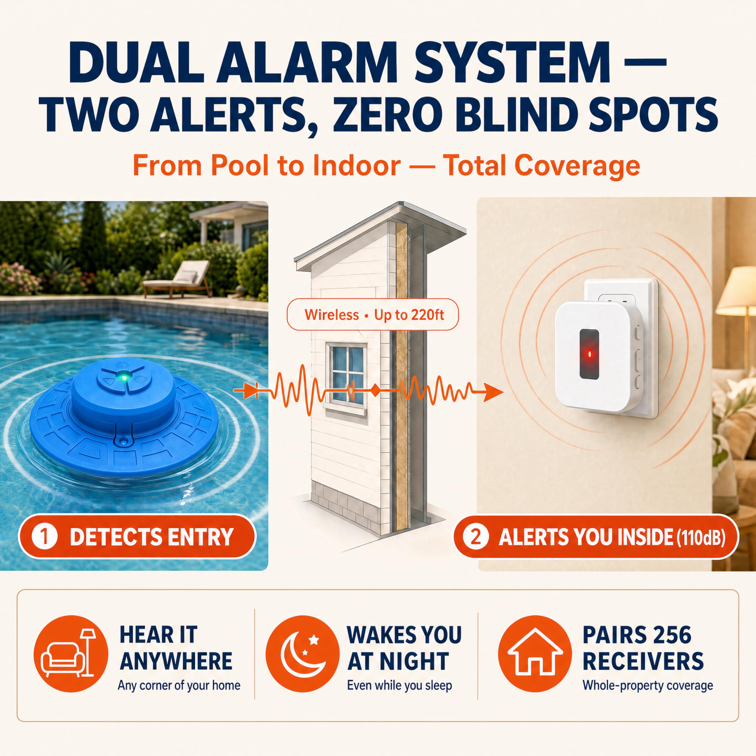 Alarma de piscina para piscinas enterradas y sobre el suelo con receptor interior remoto, alarma de seguridad flotante, sensibilidad ajustable, apagado y encendido automático, protección para niños y