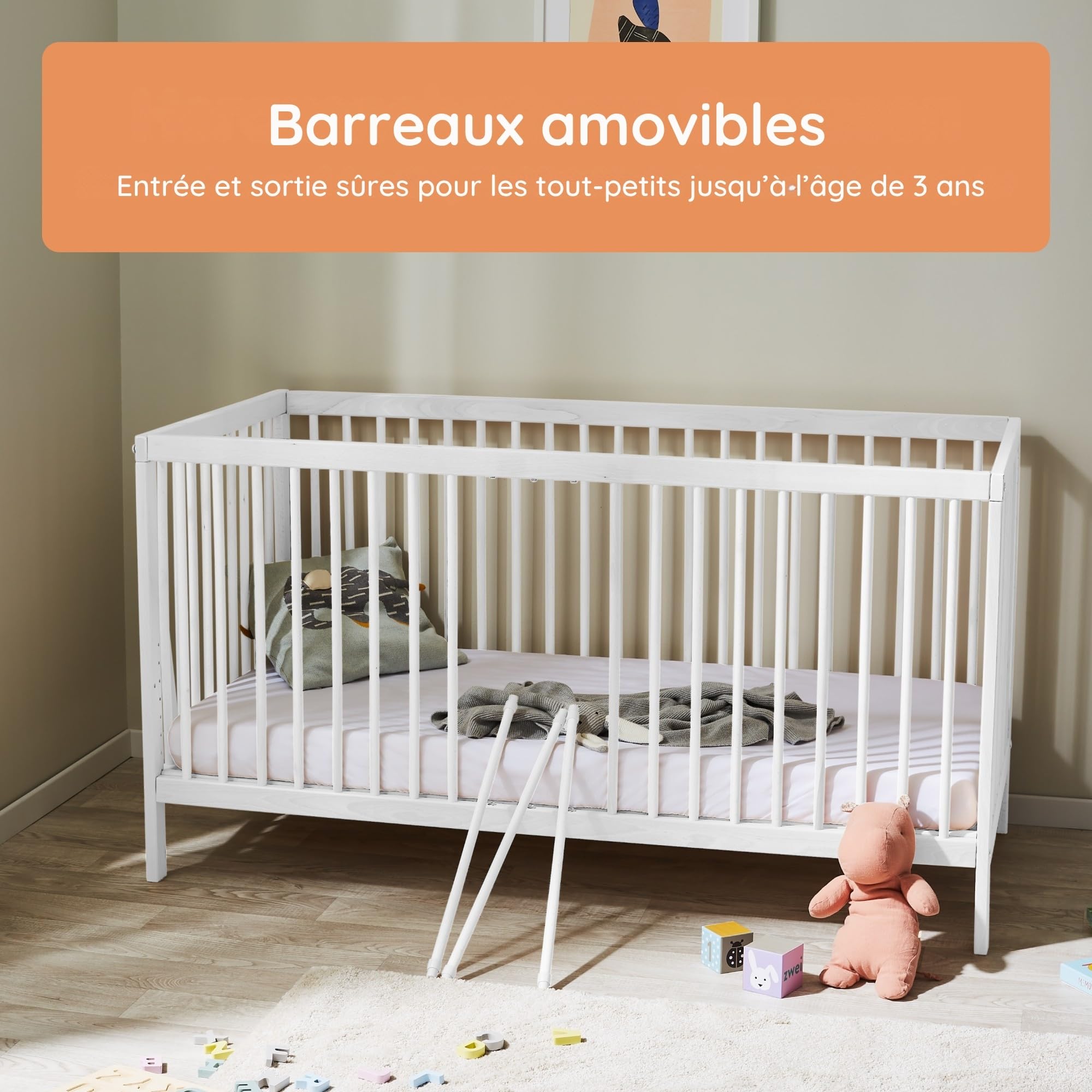 Kids Collective Lit bébé évolutif 60x120 70x140 cm Matelas Sommier hêtre Massif Blanc
