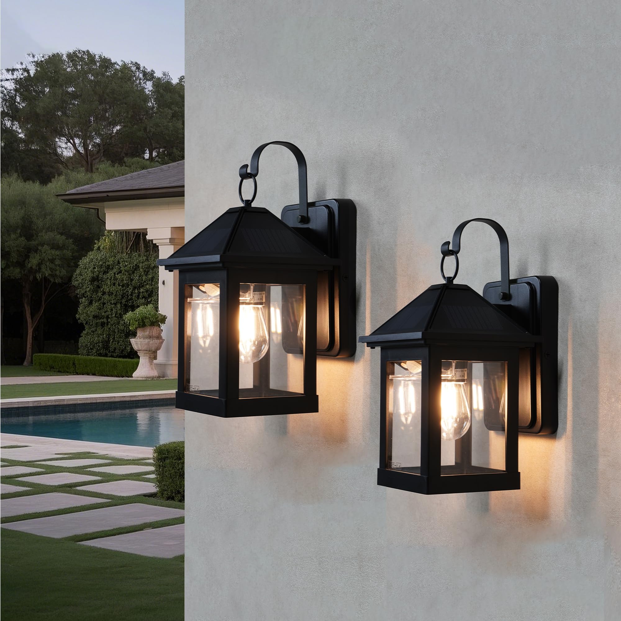 Photo 1 of Inowel Solar Wall Lights Outdoor,2 Pack Solar Wall Lanterns Waterproof Dusk to Dawn Motion Sensor LED Sconce Lights E26 Bulb Exterior Front Porch Security Lamps Wall Mount Patio Fence Decorative