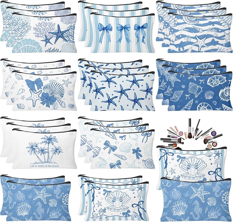 Necessaires de maquiagem retangulares HSDSH com estampa de conchas, estrelas-do-mar e laços azuis, 30 unidades