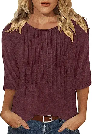 KISSMODA Tunic Tops for Women Loose Fit Dressy Round Neck Pleated 3/4 Length Sleeve Spring Tops
