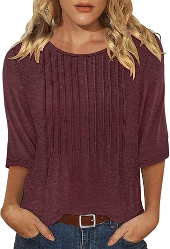 KISSMODA Tunic Tops for Women Loose Fit Dressy Round Neck Pleated 3/4 Length Sleeve Spring Tops
