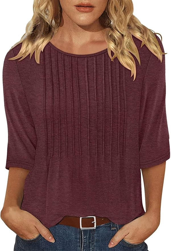 KISSMODA Tunic Tops for Women Loose Fit Dressy Round Neck Pleated 3/4 Length Sleeve Spring Tops