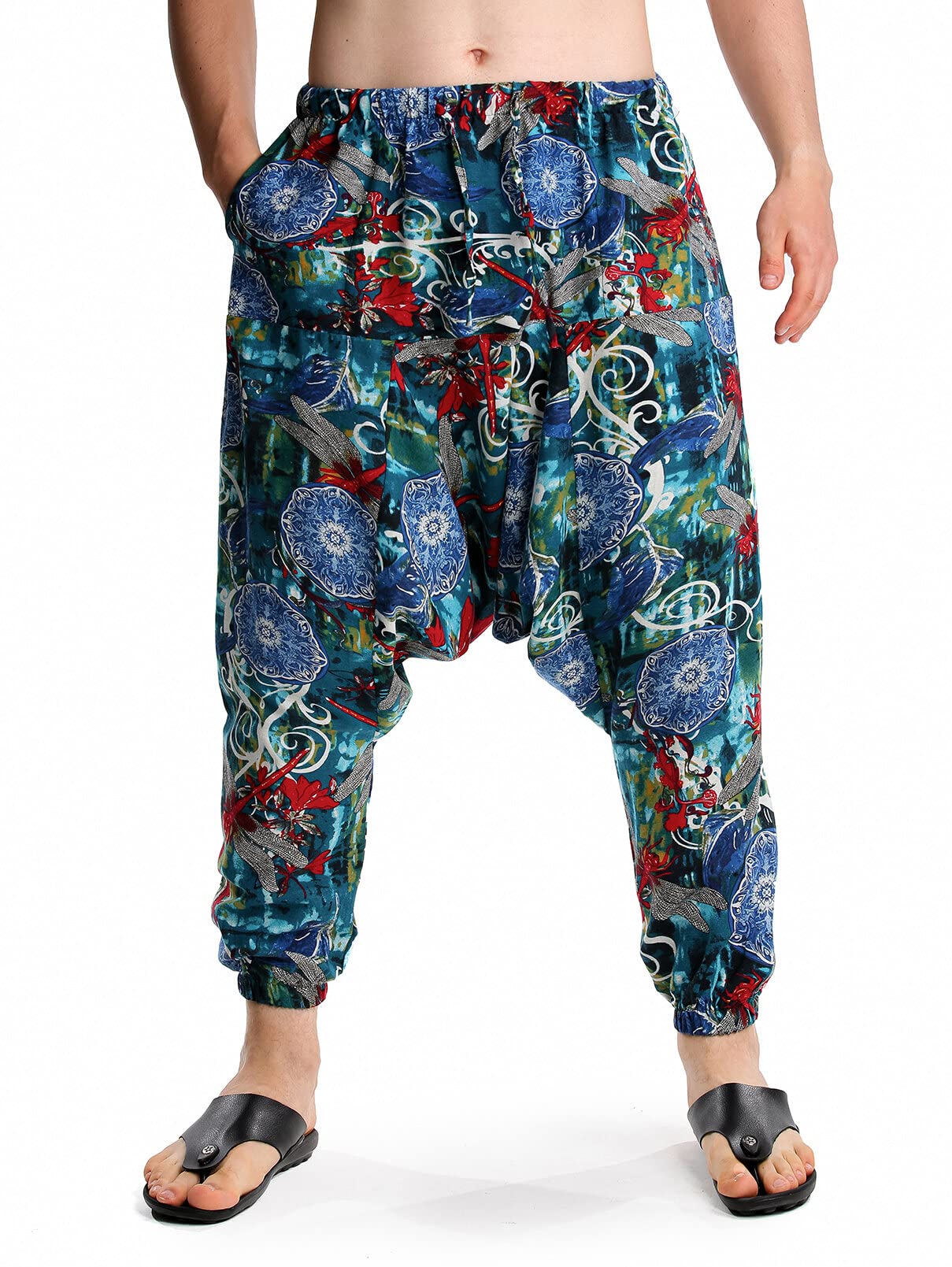Panegy Men’s Cotton Baggy Hippie Boho Yoga Drawstring Harem Pants with Pockets