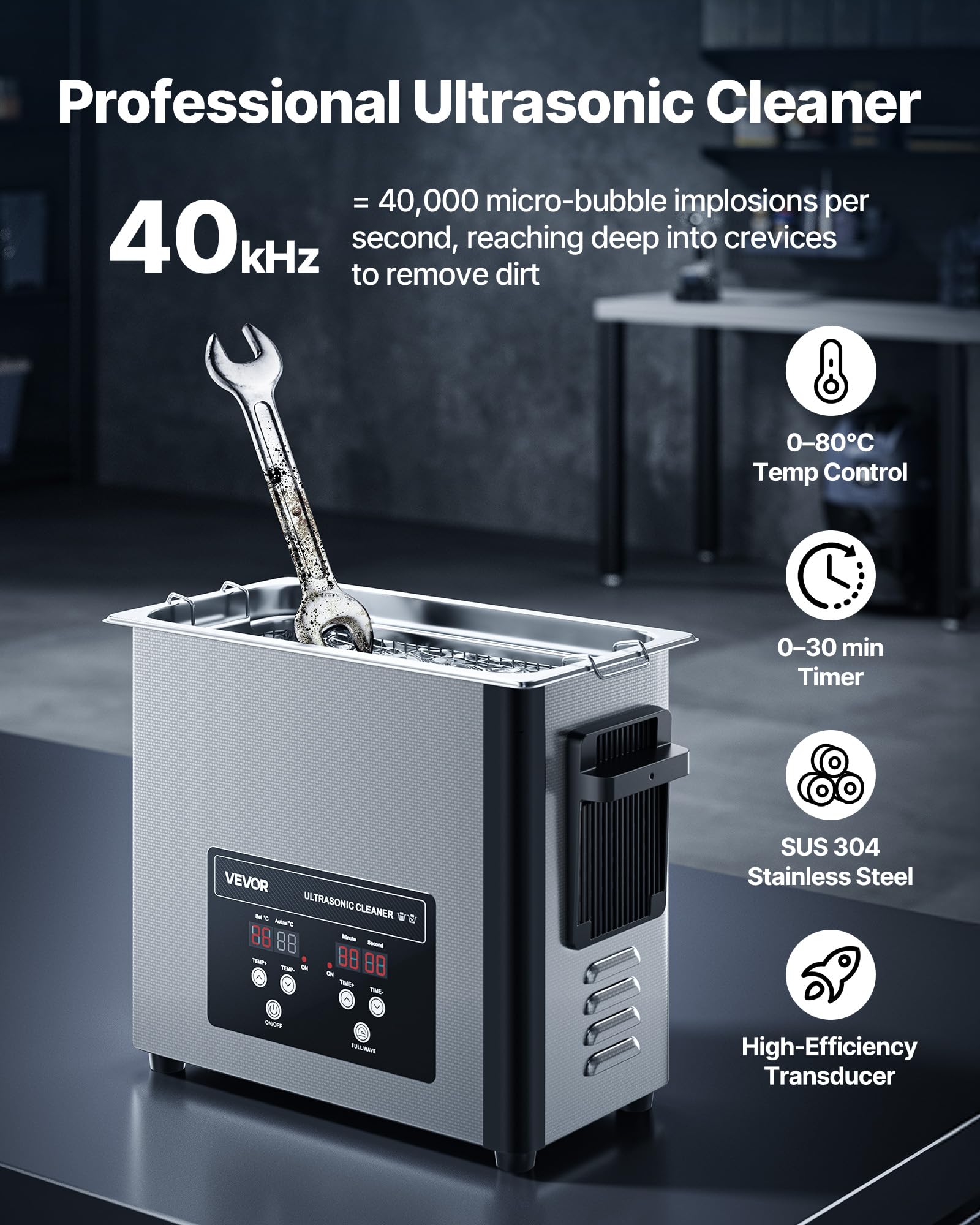 VEVOR Pulitore a Ultrasuoni da 6 L, Macchina Professionale per la Pulizia a Ultrasuoni, con Cestello di Pulizia e Schermo Digitale, in Acciaio Inox da 120 W e 40 kHz per Orologi, Rasoi, Gioielli
