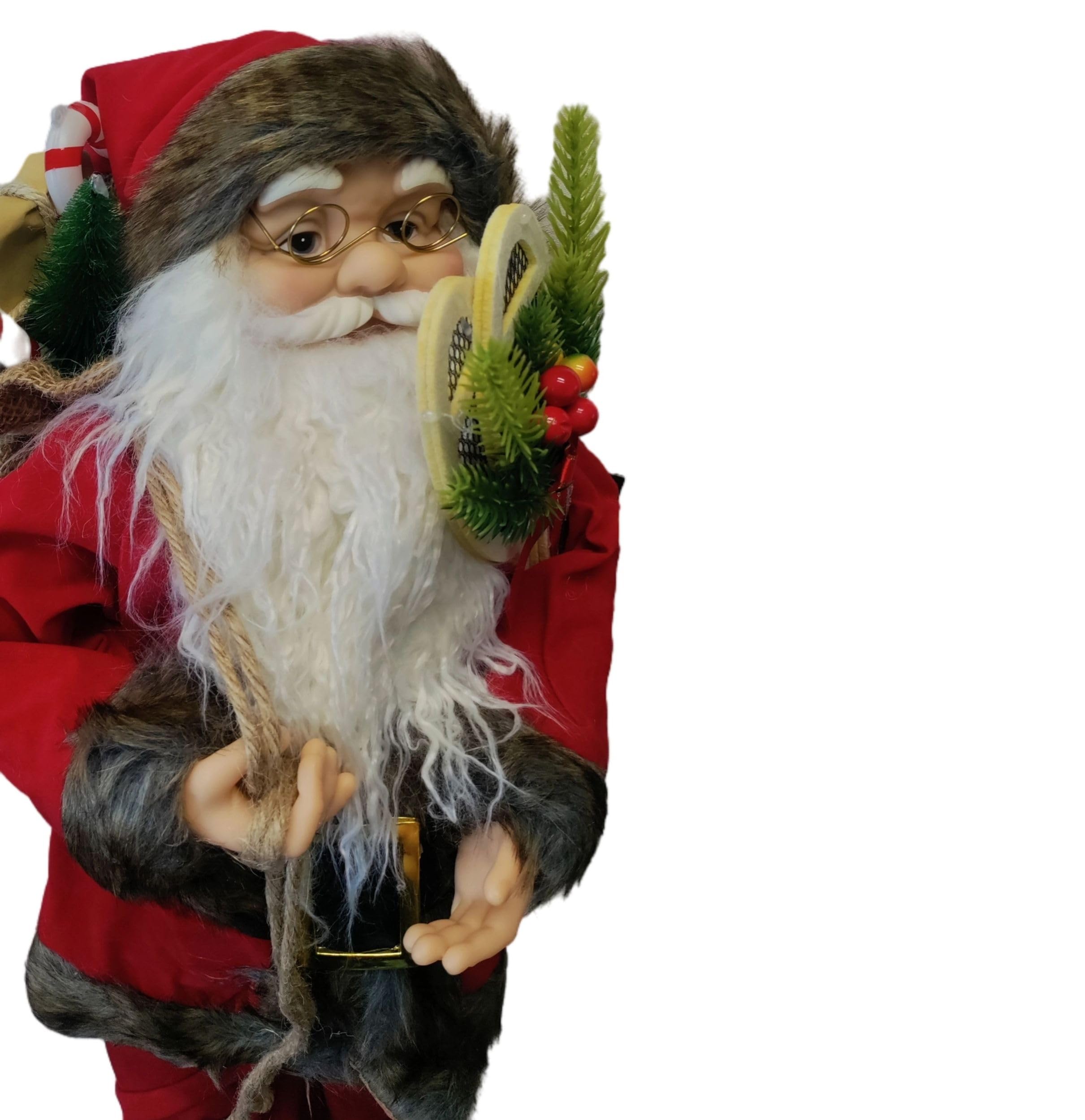 Kaemingk Père Noël debout traditionnel - Figurine de Père Noël - Figurine de Noël 60 cm - Garniture en fourrure rouge unie - Sac de maintien et raquettes à neige canadiennes - Décoration intérieure du