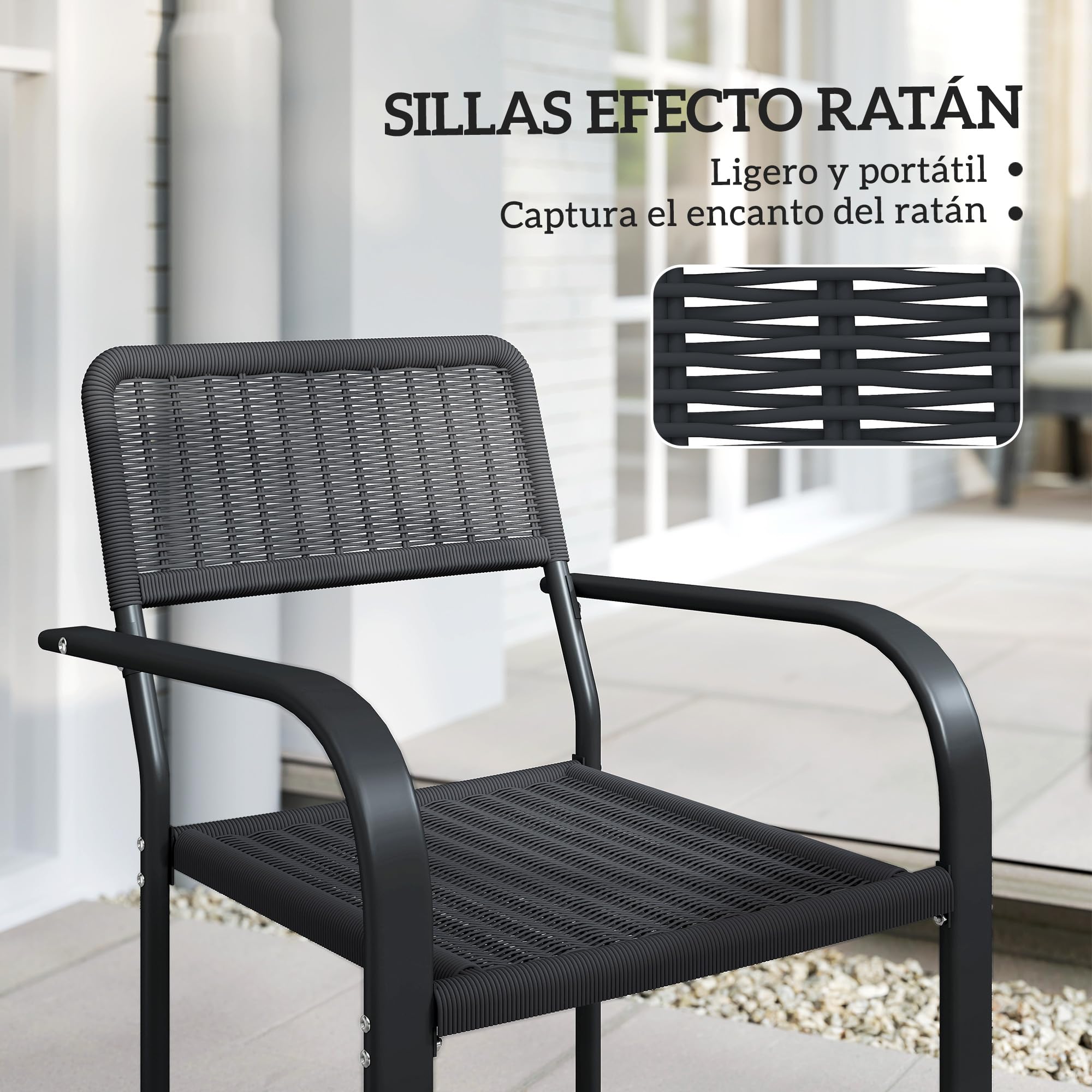 Outsunny Juego de 4 Sillas de Jardín Exterior Apilables, Sillas de Comedor Exterior Efecto Ratán, con Reposabrazos, Marco de Acero, Resistente a la Intemperie y Ligero, 55x60x83 cm, Negro
