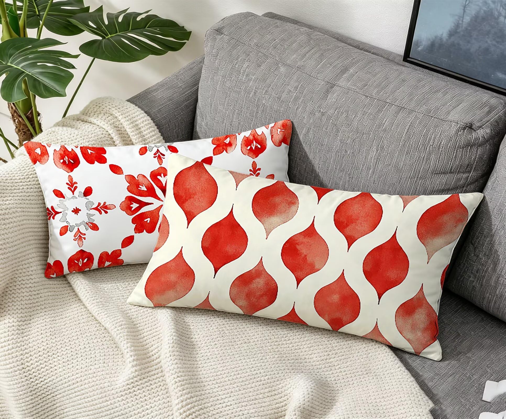 Rot Kissenbezug 60x80 Geometrie Kopfkissenbezug 2er Set,Wohnaccessoires & Deko,Weich und Atmungsaktiv Samt Stoff mit Verstecktem Reißverschluss für Bett Sofa Kissen Dekokissen-85755