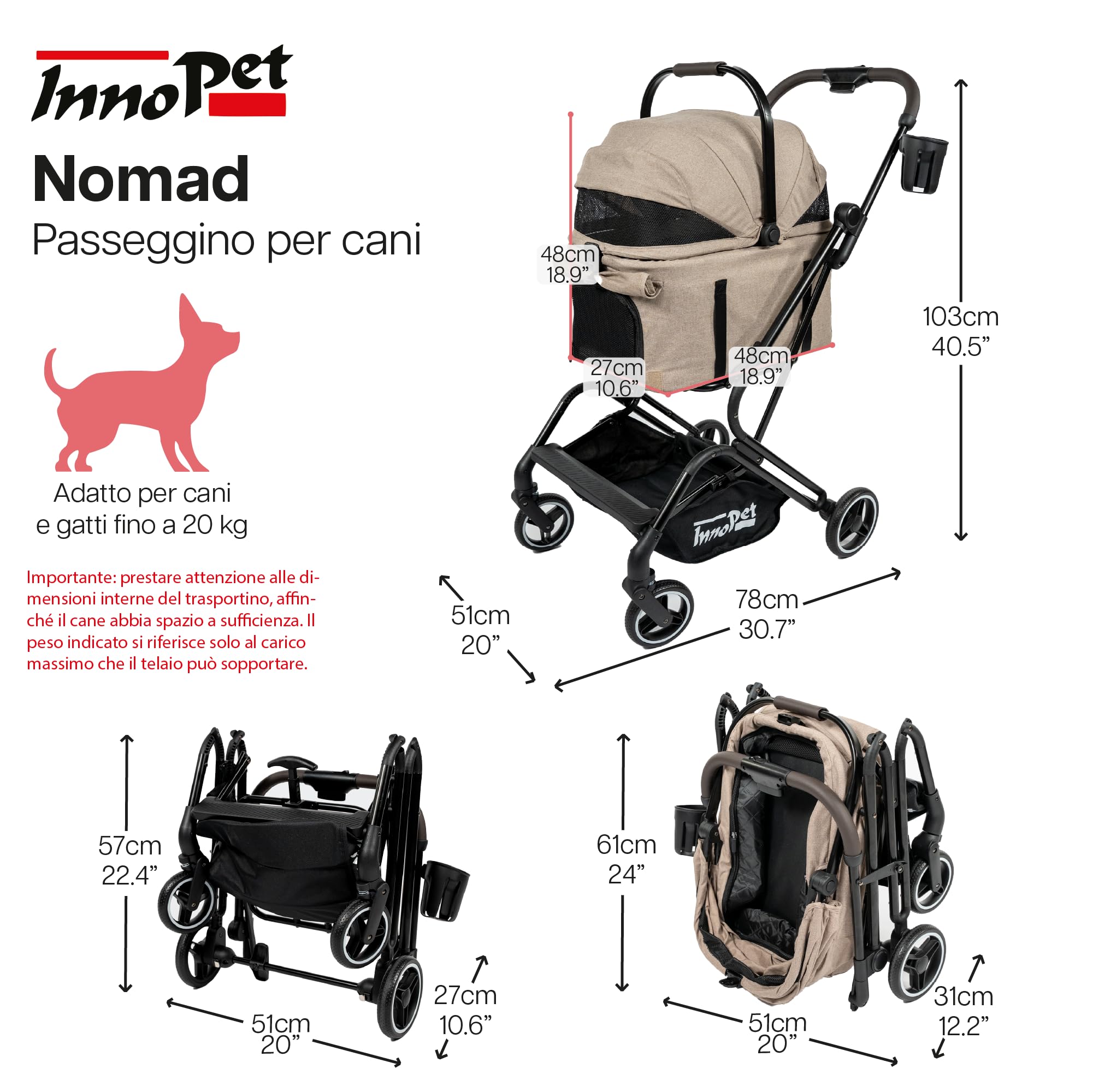 Passeggino compatto per animali Innopet Nomad - Passeggino pieghevole e leggero per cani e gatti fino a 20 kg - Trasportino per animali, seggiolino auto e passeggino 3in1