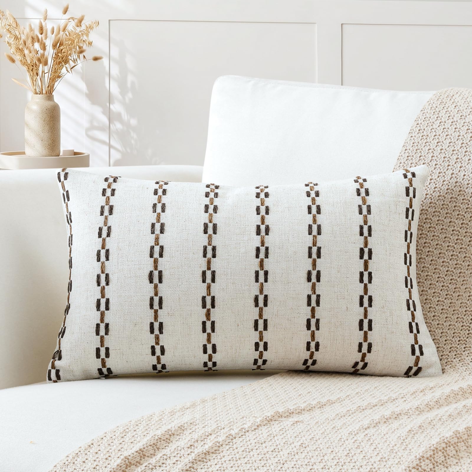 Artscope Pack of 1 Striped Geometric Cushion Cover 30x50cm Soft Lumbar Pillowcase Decorative Farmhouse Accent Couch Throw Pillow Cover for Living Room Bedroom Dark Brown โ image 1